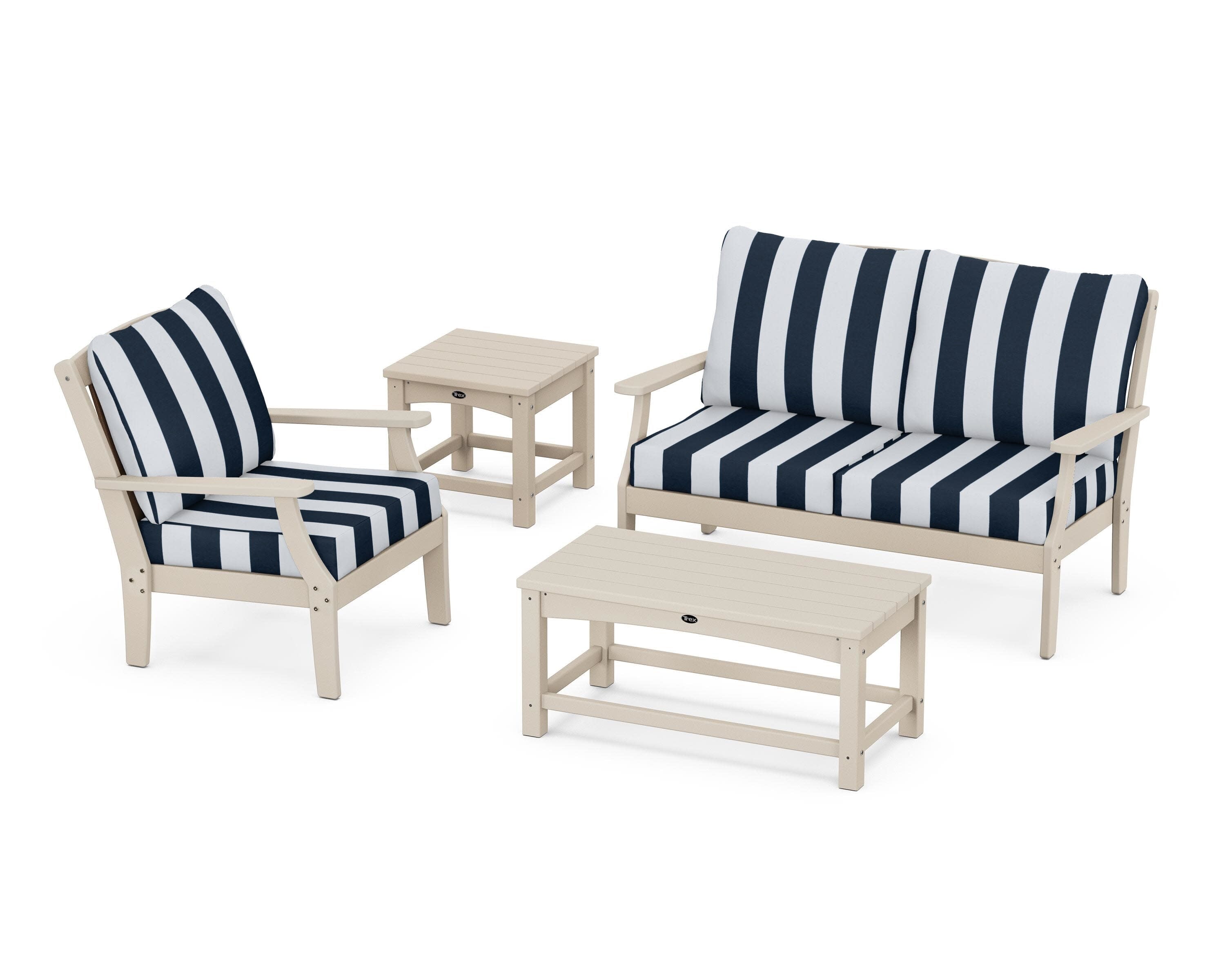 Yacht Club 4-Piece Deep Seating Set in Sand Castle / Cabana Stripe Marine Indigo