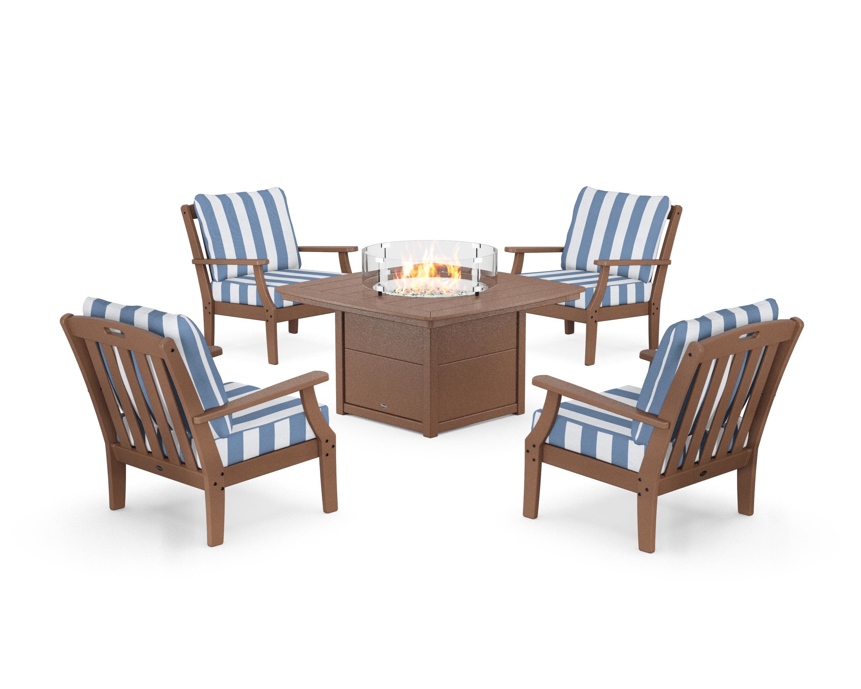Yacht Club 5-Piece Deep Seating Set with Fire Pit Table in Tree House / Cabana Stripe Sky Blue