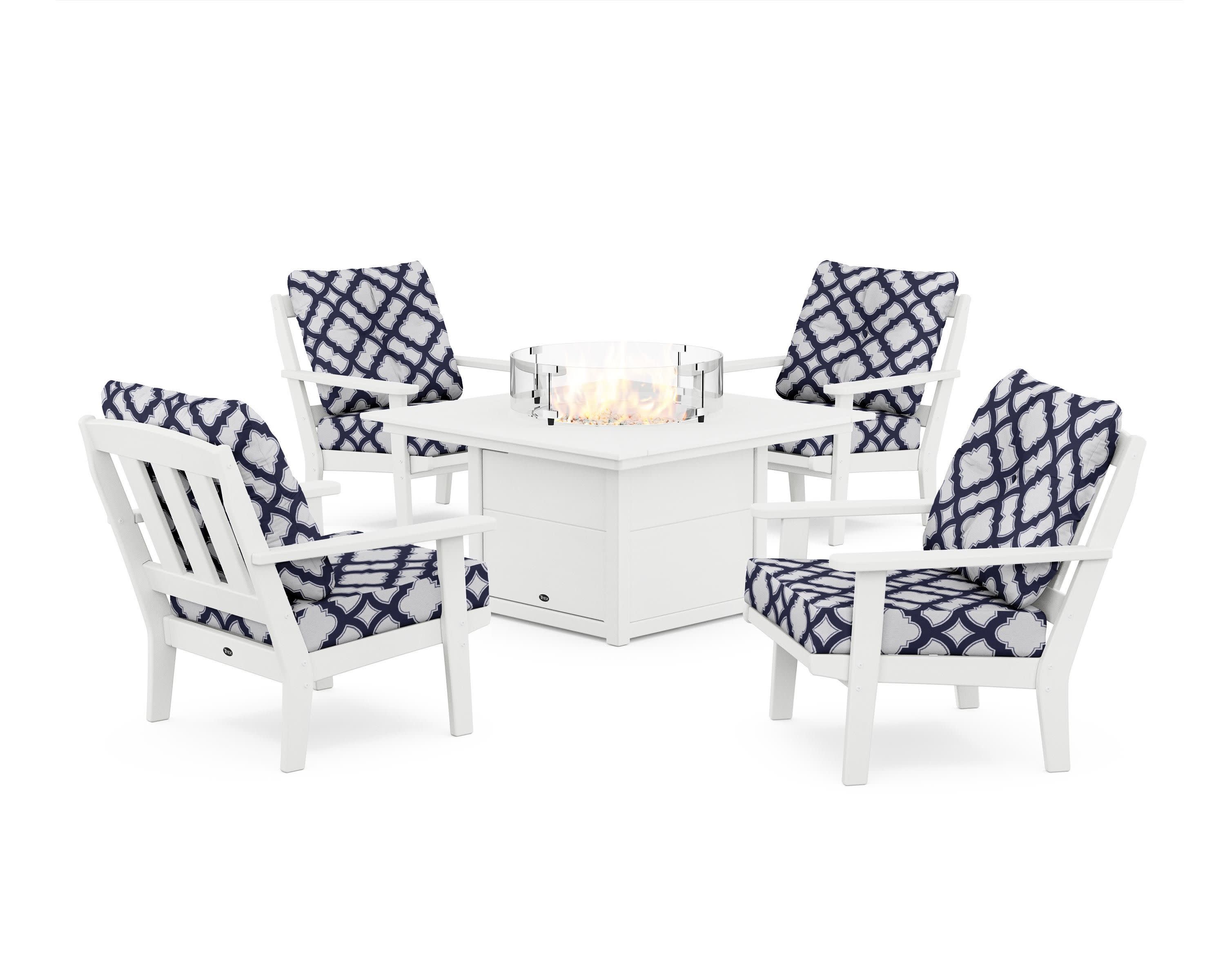 Cape Cod 5-Piece Deep Seating Set with Fire Pit Table in Classic White / Trellis Navy
