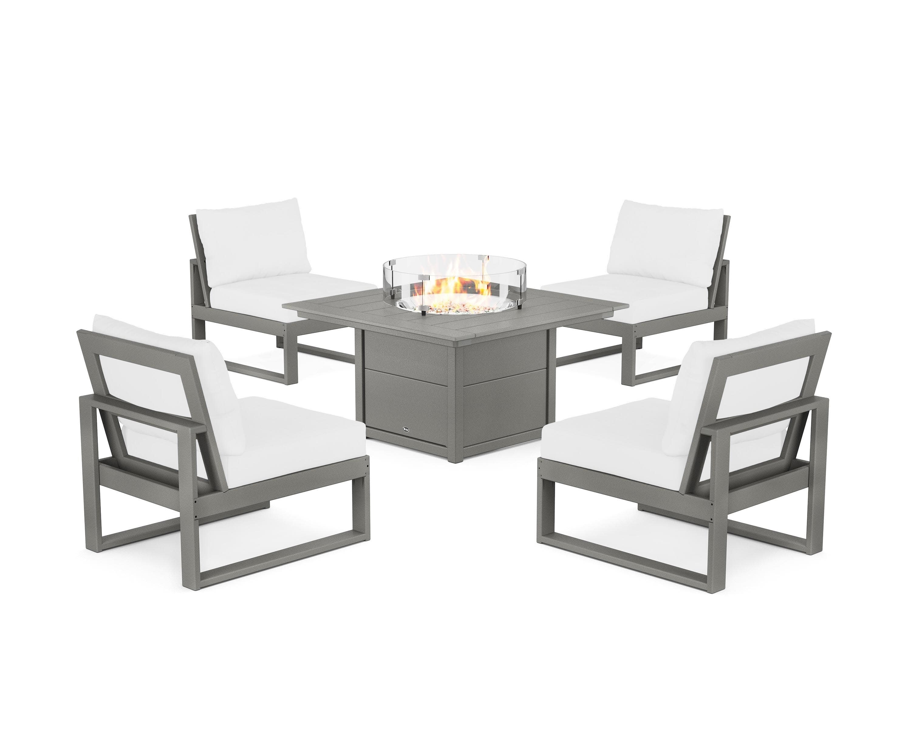 Eastport Modular 5-Piece Deep Seating Set with Square Fire Pit Table in Stepping Stone / Natural