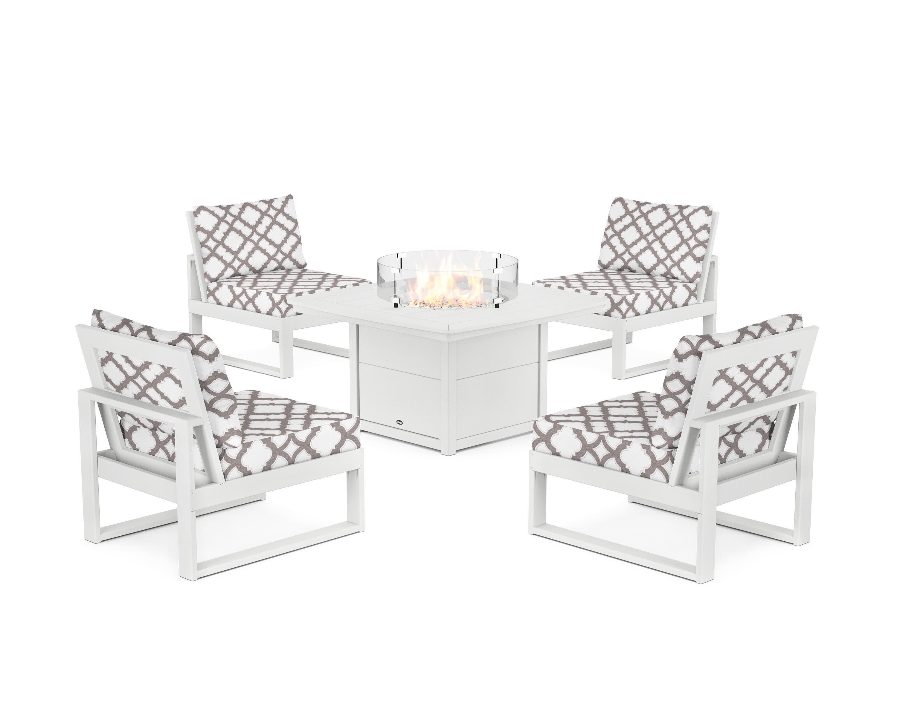 Eastport Modular 5-Piece Deep Seating Set with Yacht Club Fire Pit Table in Classic White / Trellis Grey Mist