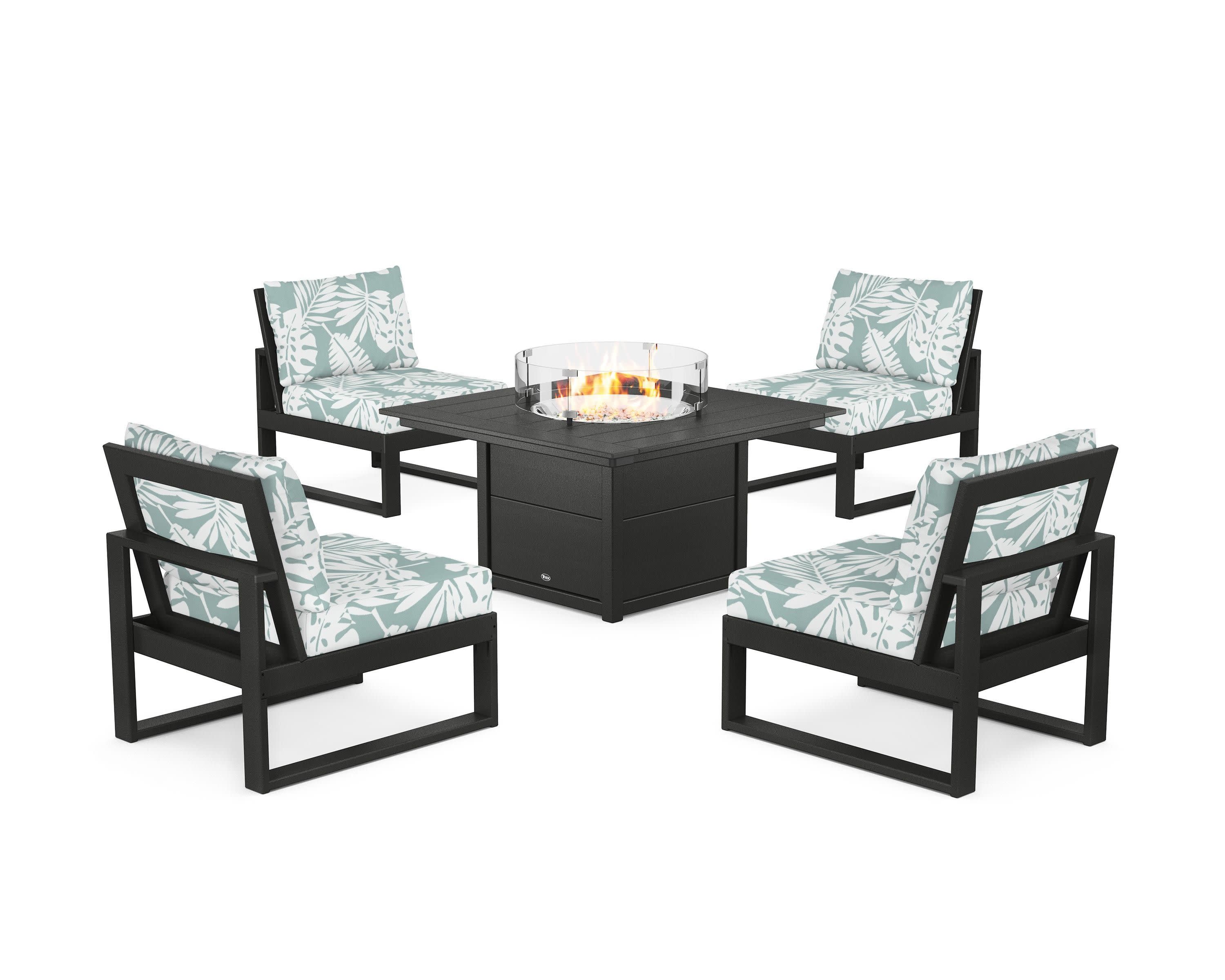 Eastport Modular 5-Piece Deep Seating Set with Square Fire Pit Table in Charcoal Black / Leaf Glacier Spa