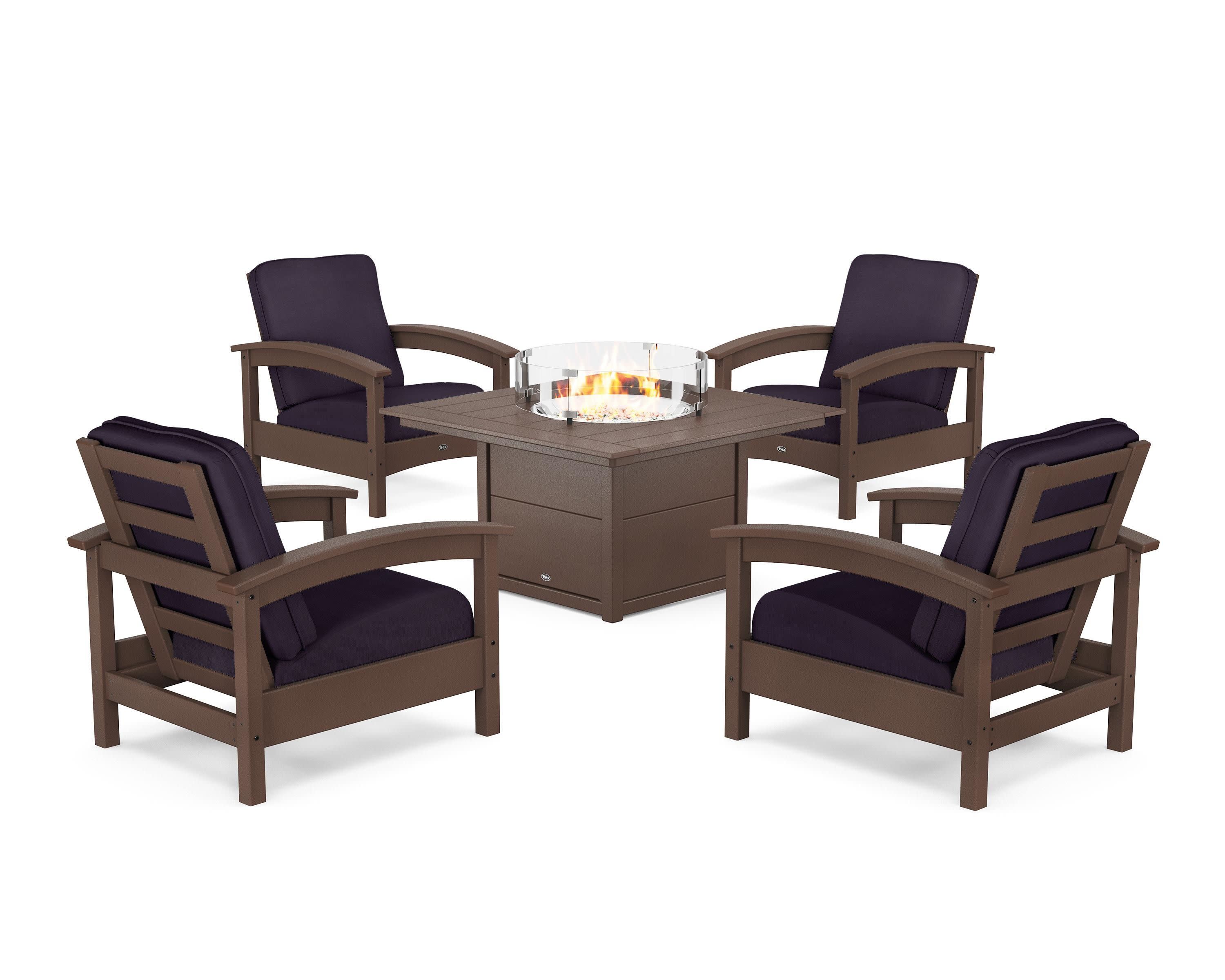 Rockport 5-Piece Deep Seating Set with Square Fire Pit Table in Vintage Lantern / Navy Linen