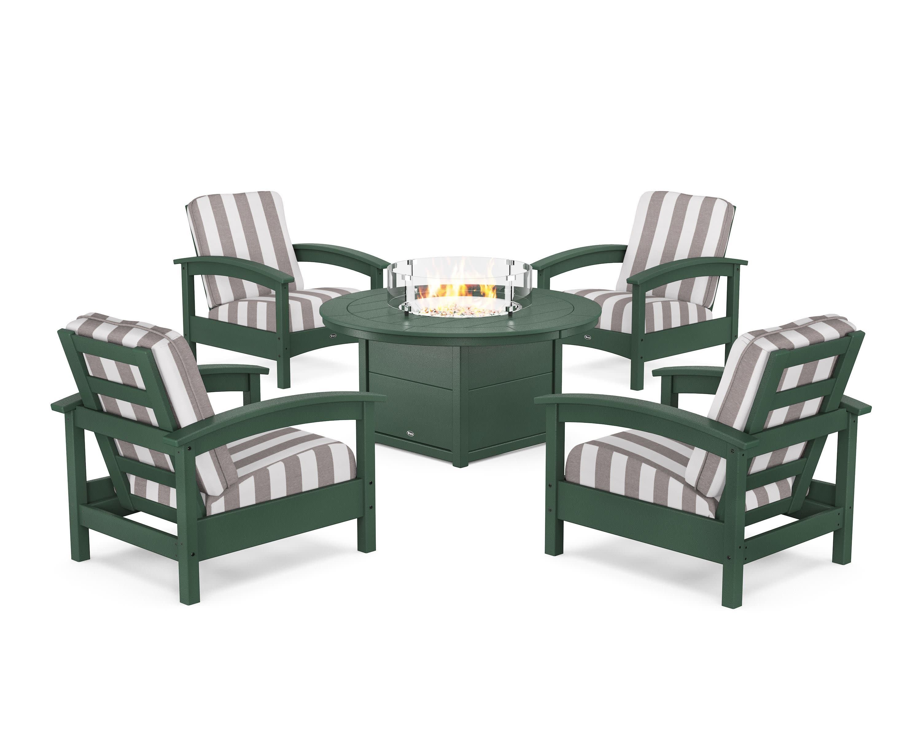 Rockport 5-Piece Deep Seating Set with Round Fire Pit Table in Rainforest Canopy / Cabana Stripe Grey Mist