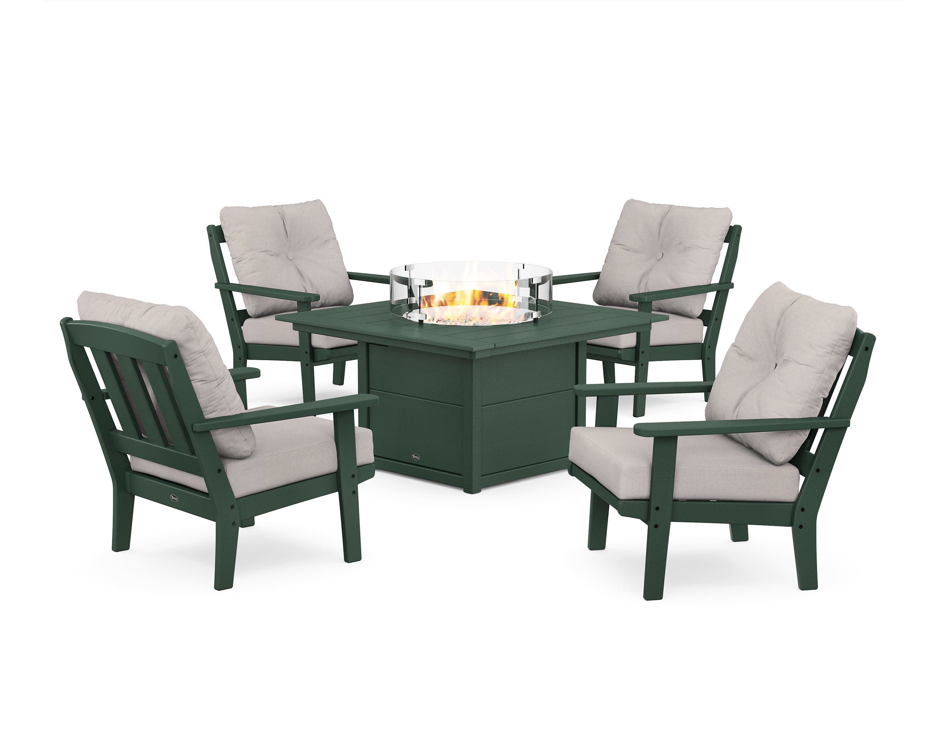 Cape Cod 5-Piece Deep Seating Set with Fire Pit Table in Rainforest Canopy / Dune Burlap