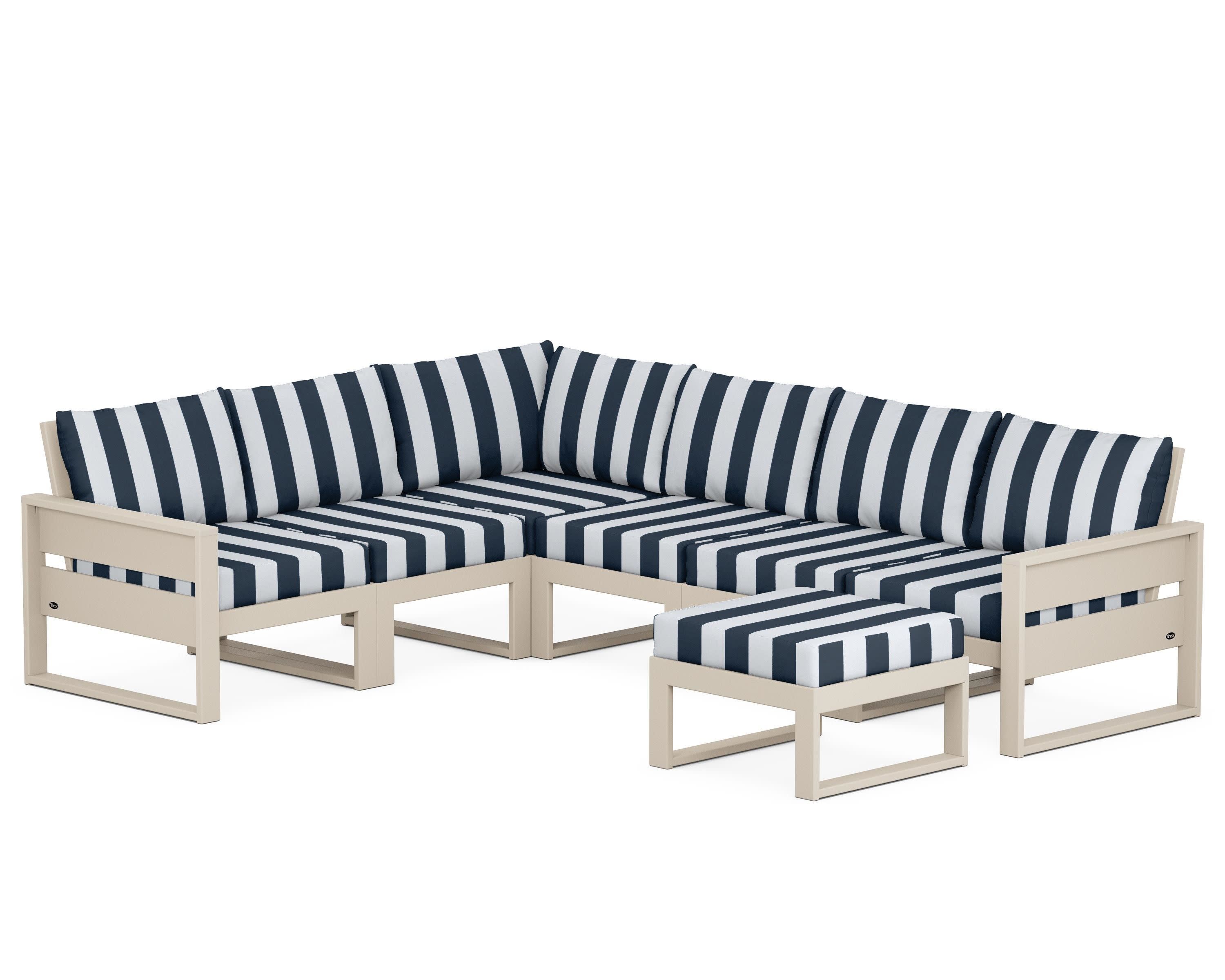 Eastport 6-Piece Sectional with Ottoman in Sand Castle / Cabana Stripe Marine Indigo