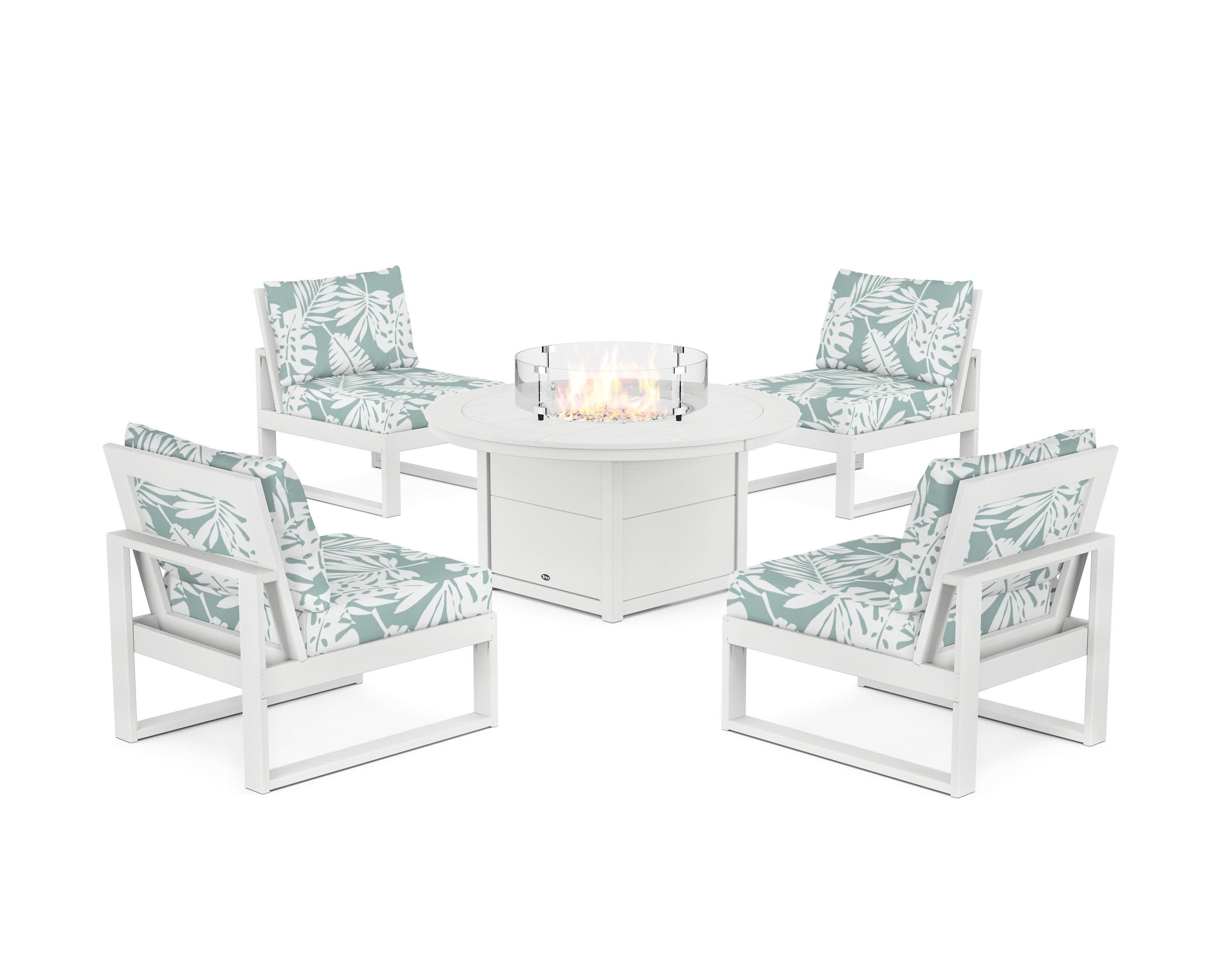 Eastport Modular 5-Piece Deep Seating Set with Round Fire Pit Table in Classic White / Leaf Glacier Spa