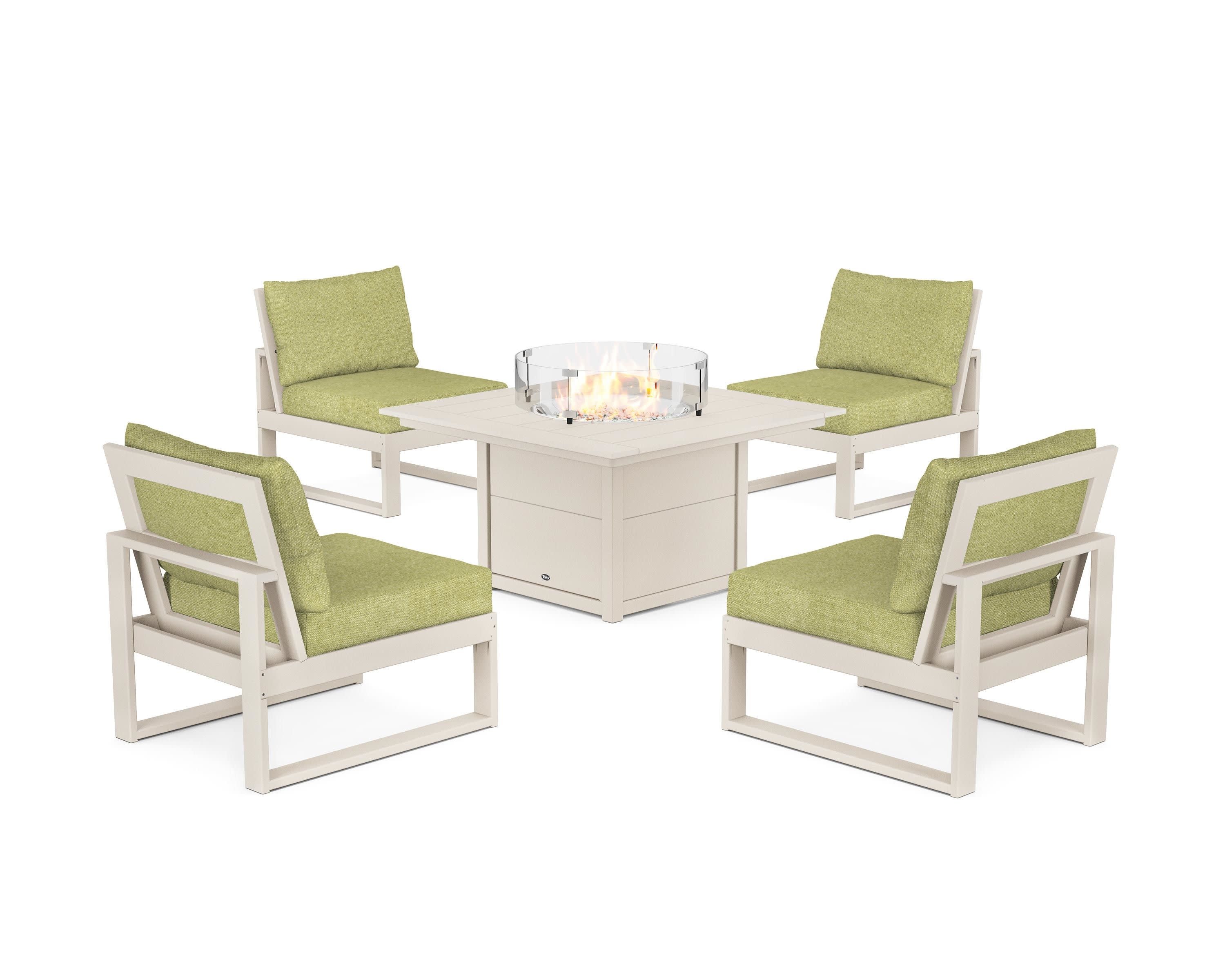 Eastport Modular 5-Piece Deep Seating Set with Square Fire Pit Table in Sand Castle / Chartreuse Boucle