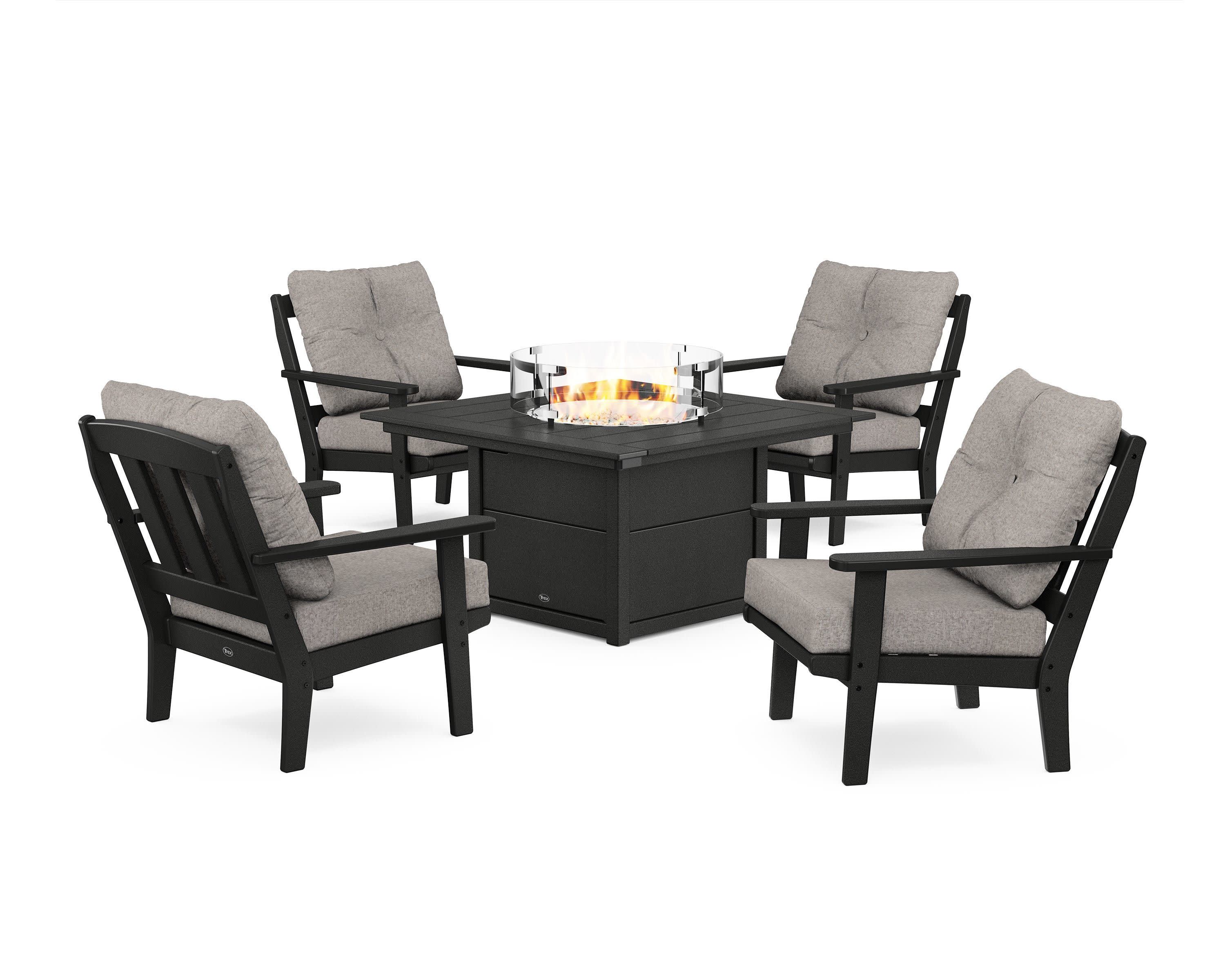 Cape Cod 5-Piece Deep Seating Set with Fire Pit Table in Charcoal Black / Weathered Tweed
