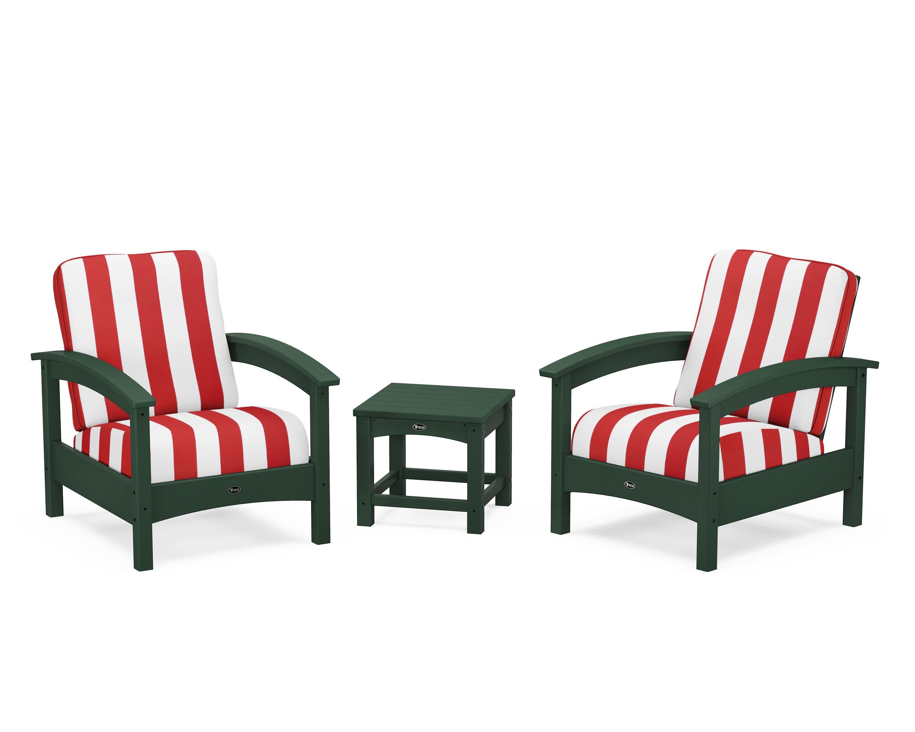 Rockport Club 3-Piece Deep Seating Conversation Set in Rainforest Canopy / Cabana Stripe Crimson