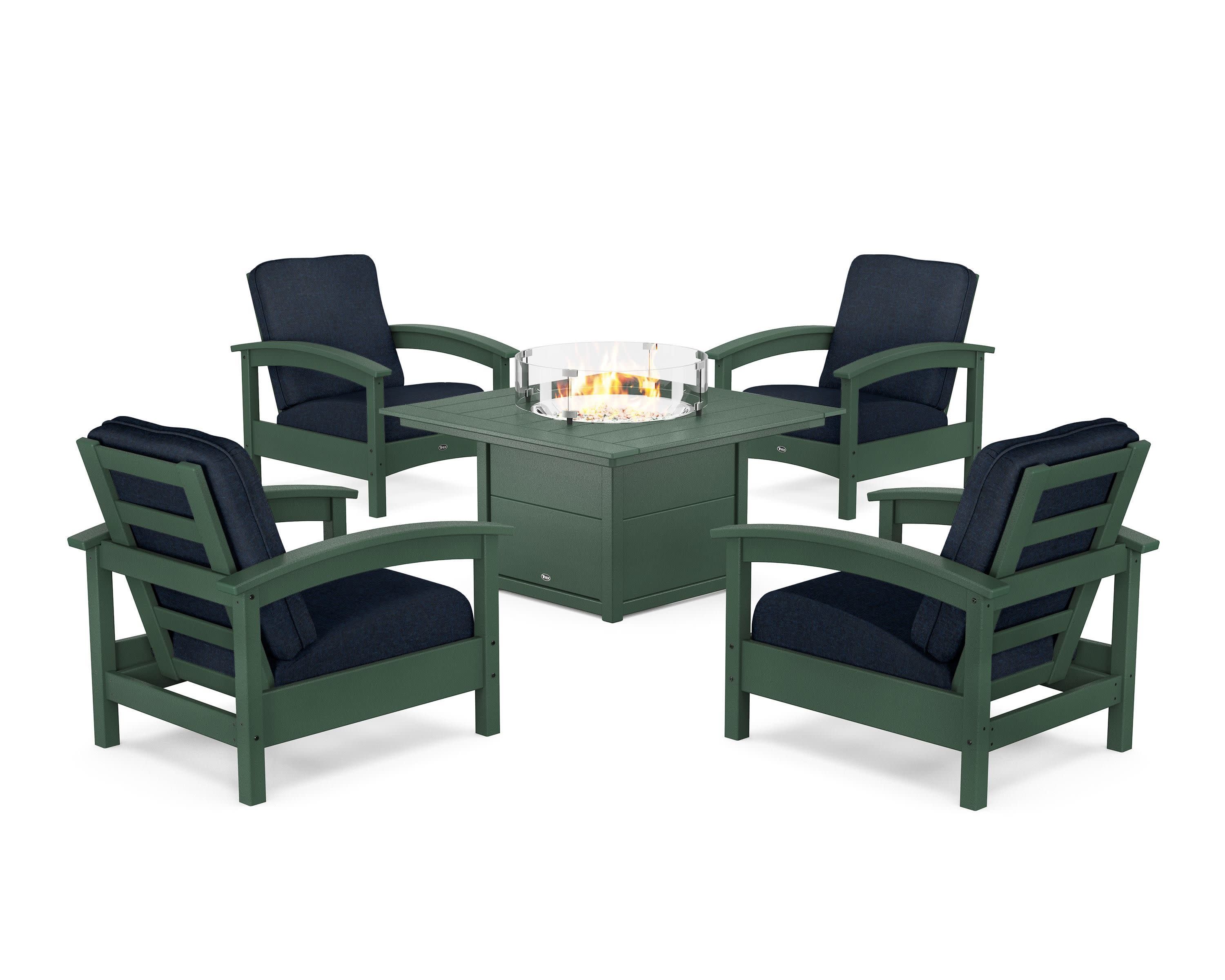 Rockport 5-Piece Deep Seating Set with Square Fire Pit Table in Rainforest Canopy / Marine Indigo