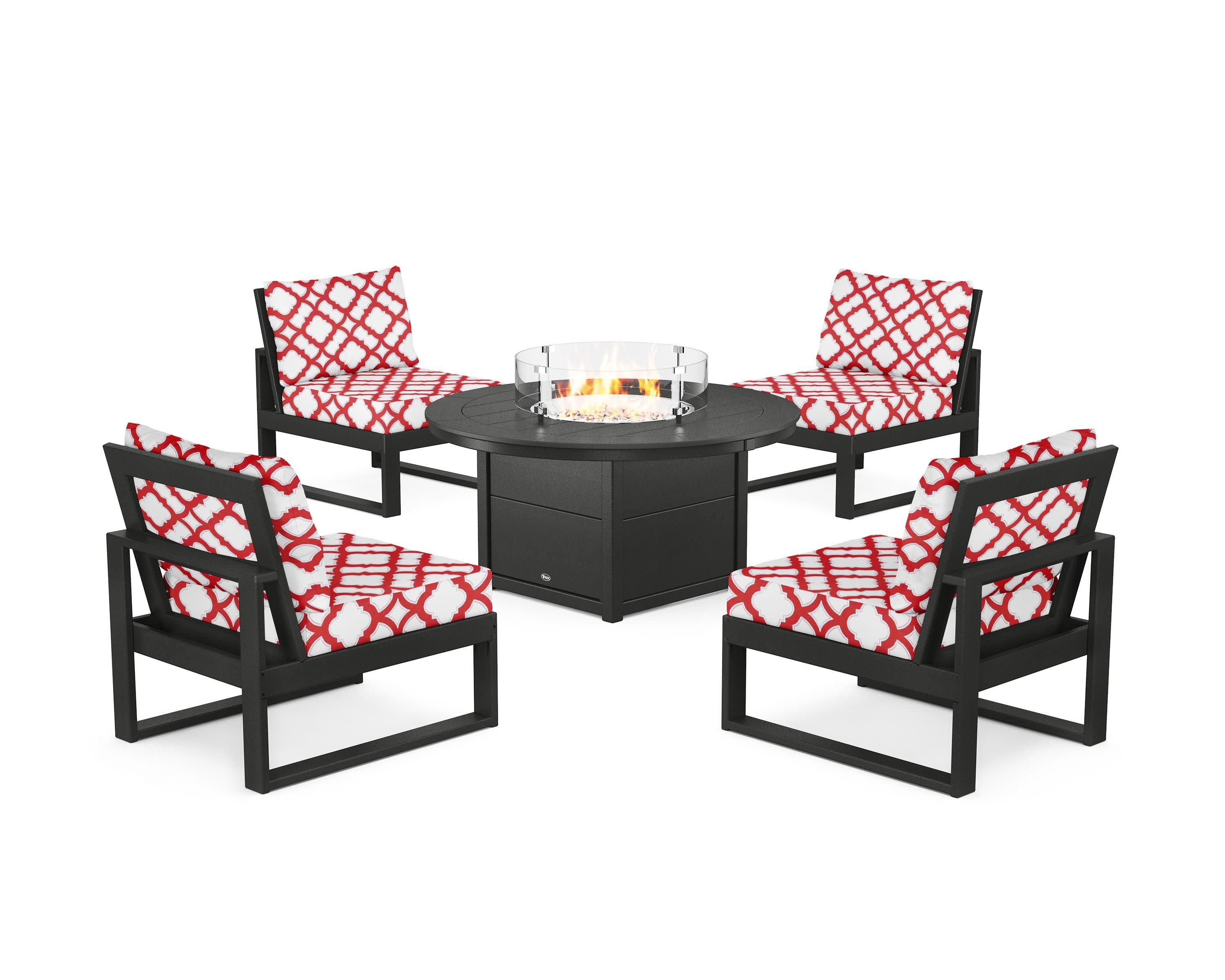 Eastport Modular 5-Piece Deep Seating Set with Round Fire Pit Table in Charcoal Black / Trellis Crimson