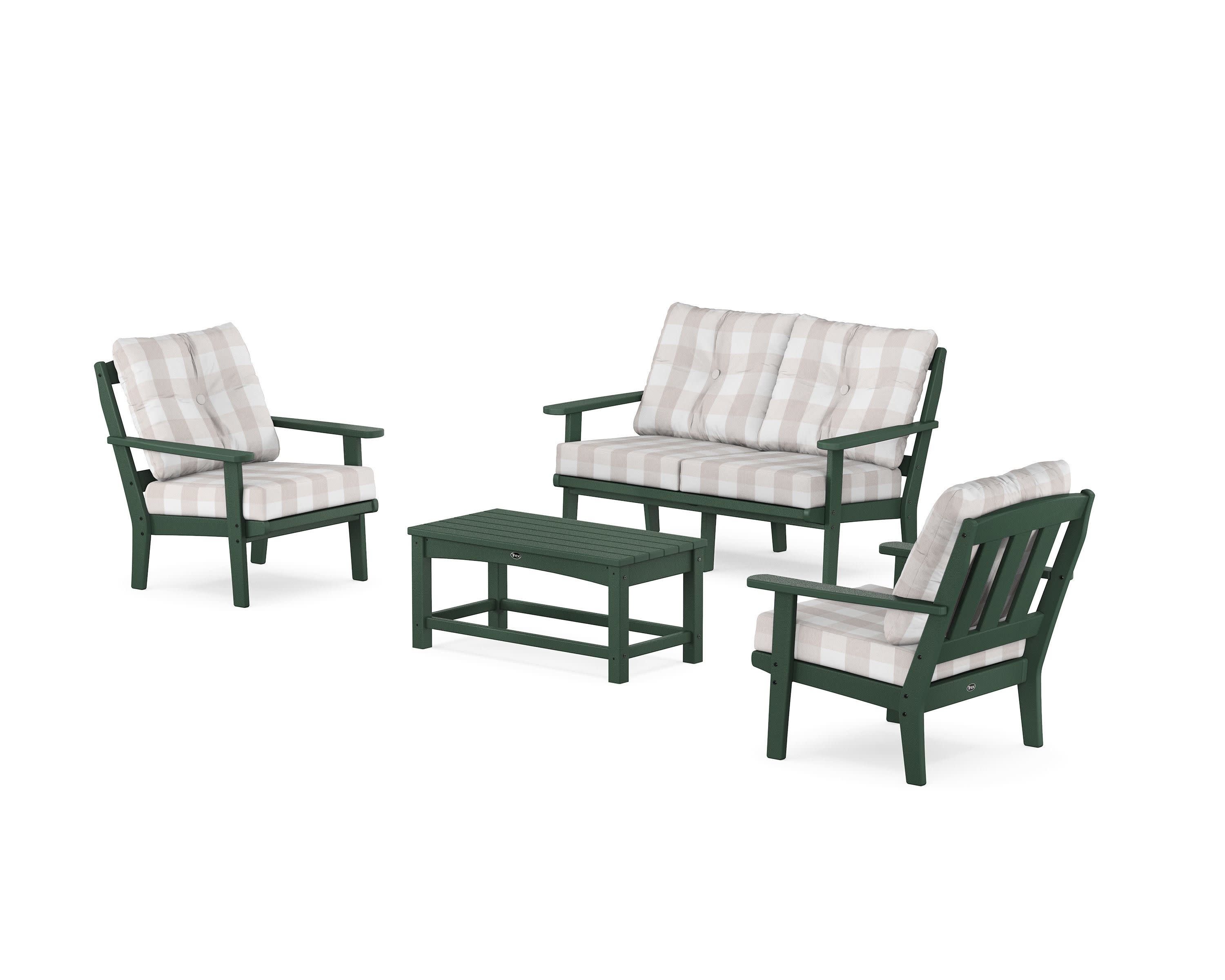 Cape Cod 4-Piece Deep Seating Set with Loveseat in Rainforest Canopy / Buffalo Plaid Dune Burlap