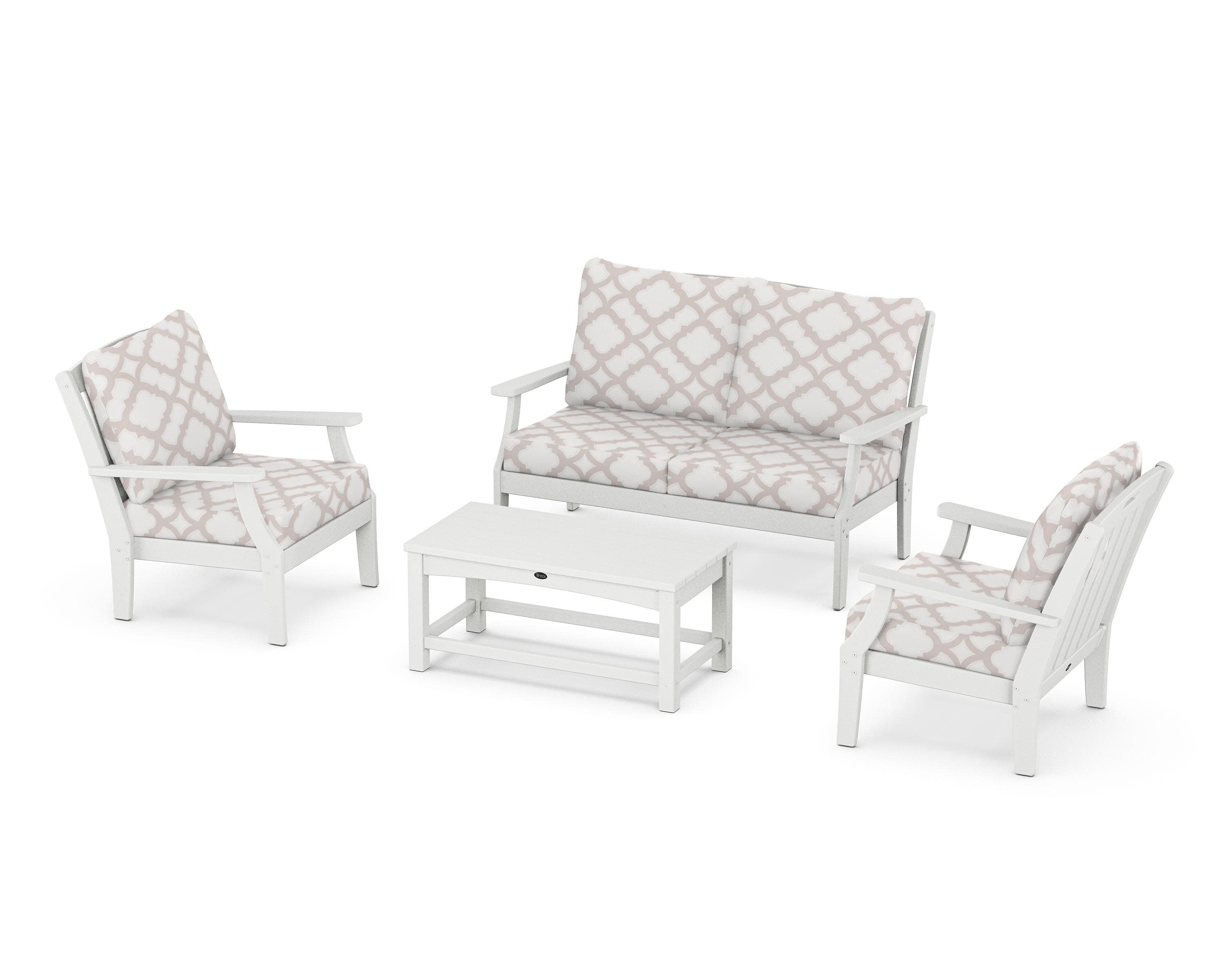 Yacht Club 4-Piece Deep Seating Chair Set in Classic White / Trellis Dune Burlap