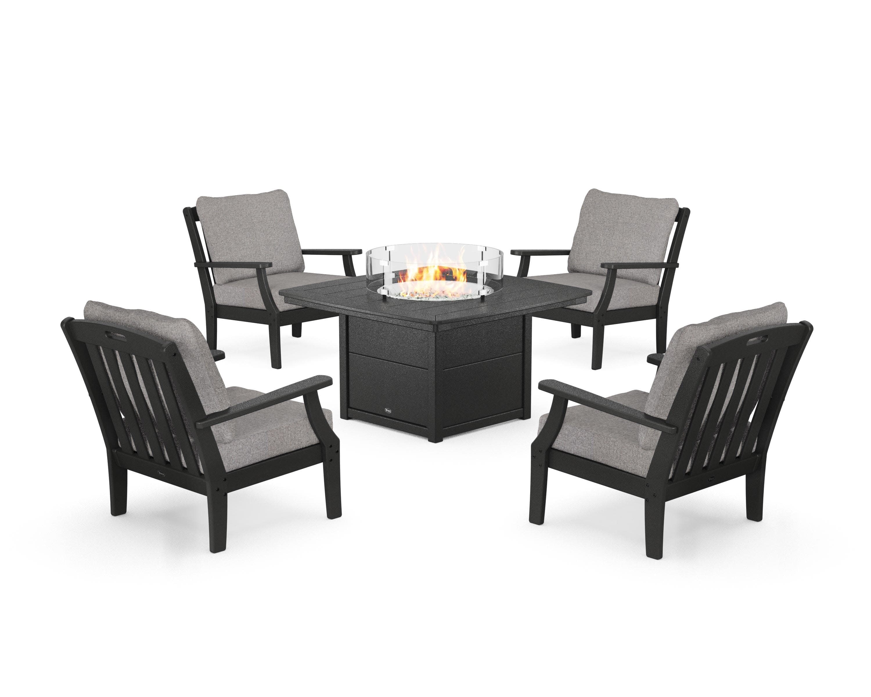 Yacht Club 5-Piece Deep Seating Set with Fire Pit Table in Charcoal Black / Grey Mist
