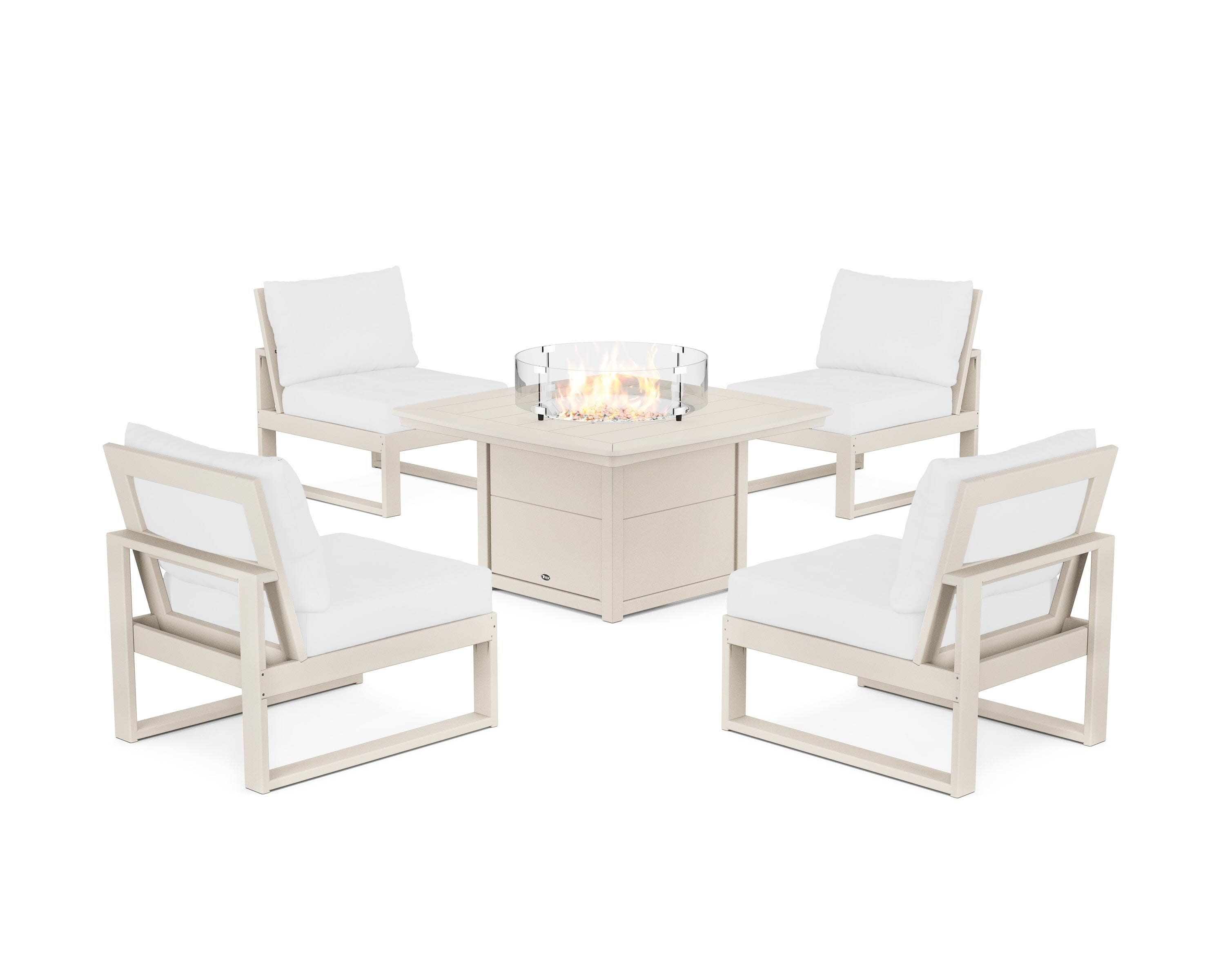Eastport Modular 5-Piece Deep Seating Set with Yacht Club Fire Pit Table in Sand Castle / Natural