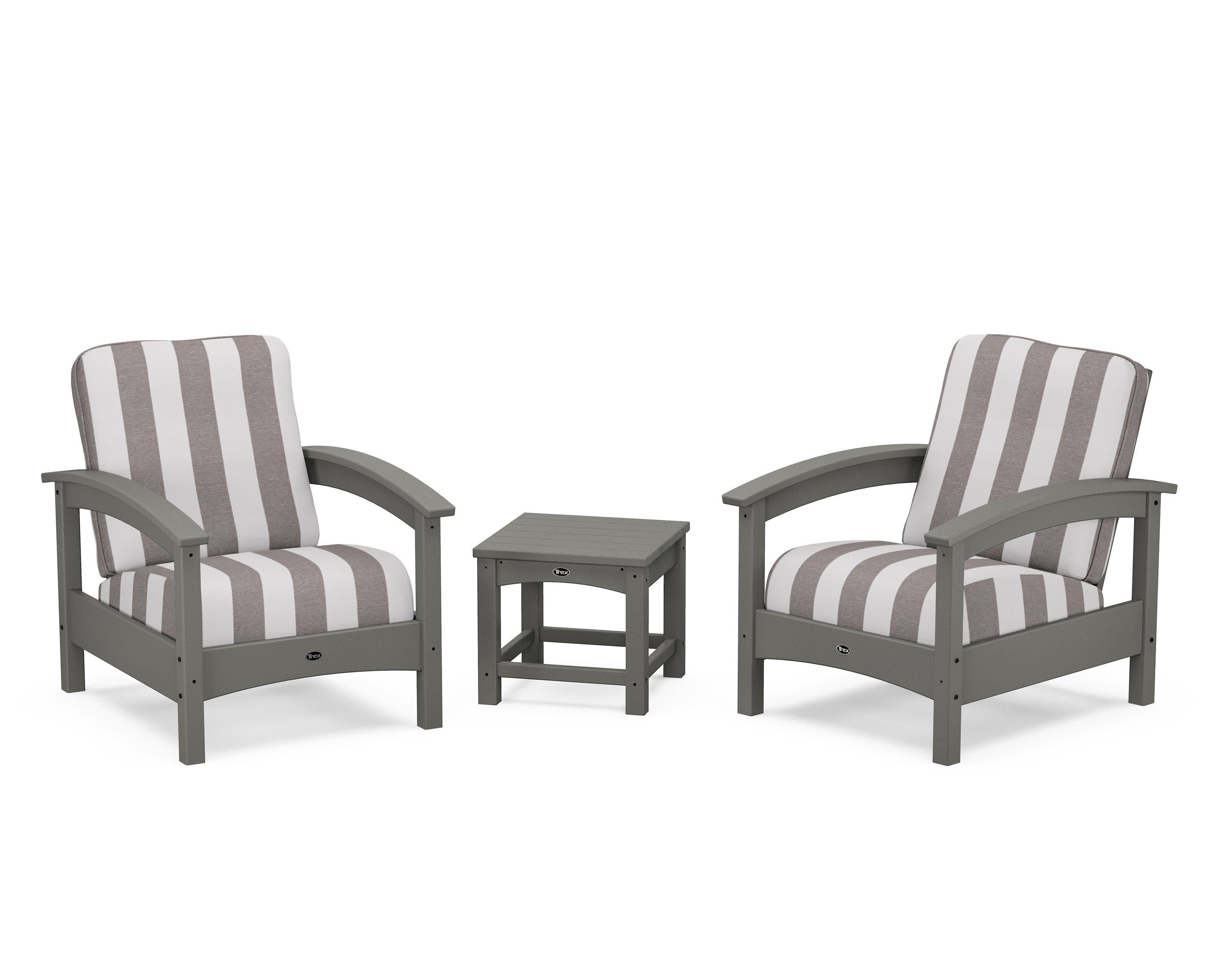 Rockport Club 3-Piece Deep Seating Conversation Set in Stepping Stone / Cabana Stripe Grey Mist