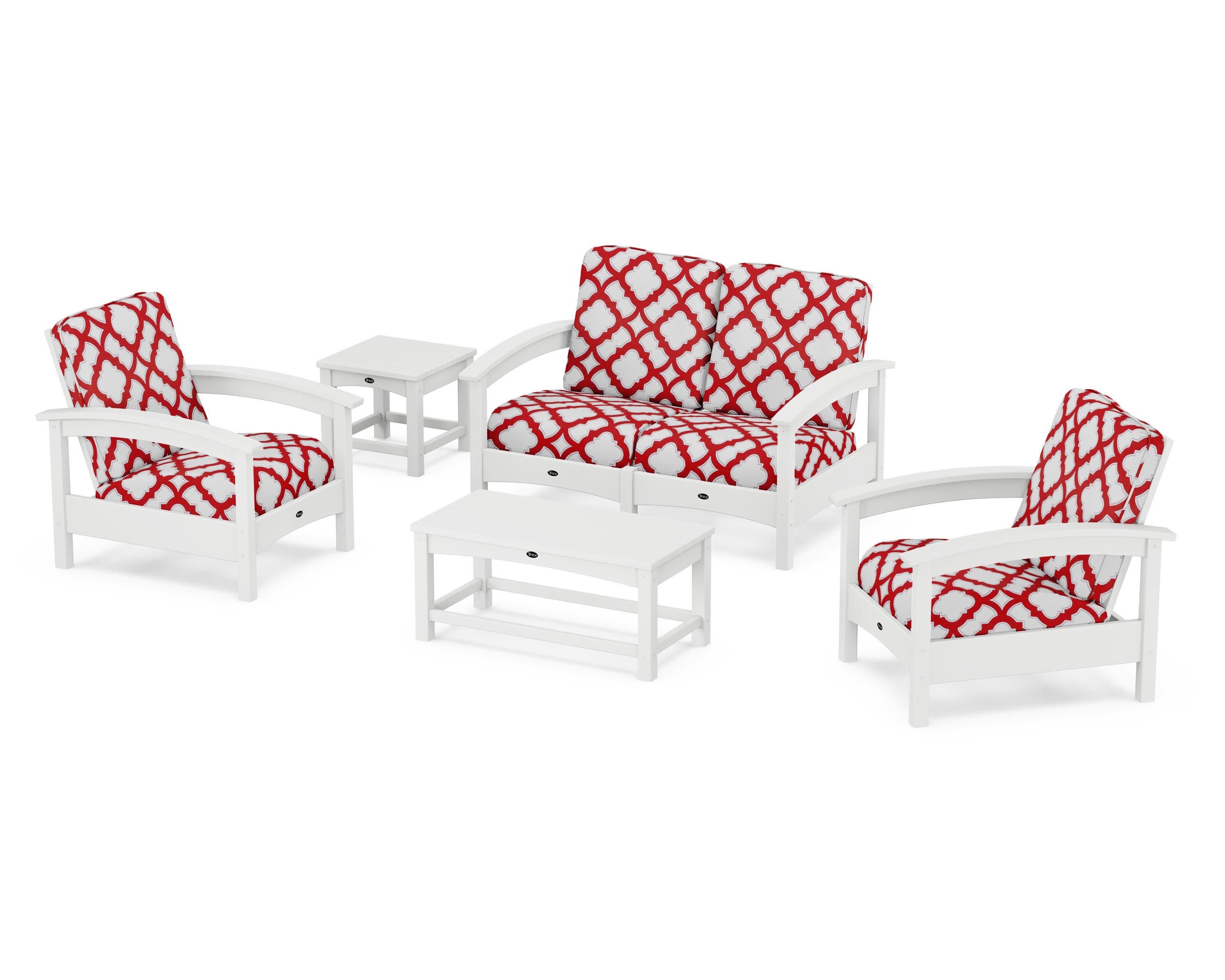 Rockport Club 6-Piece Deep Seating Conversation Set in Classic White / Trellis Crimson