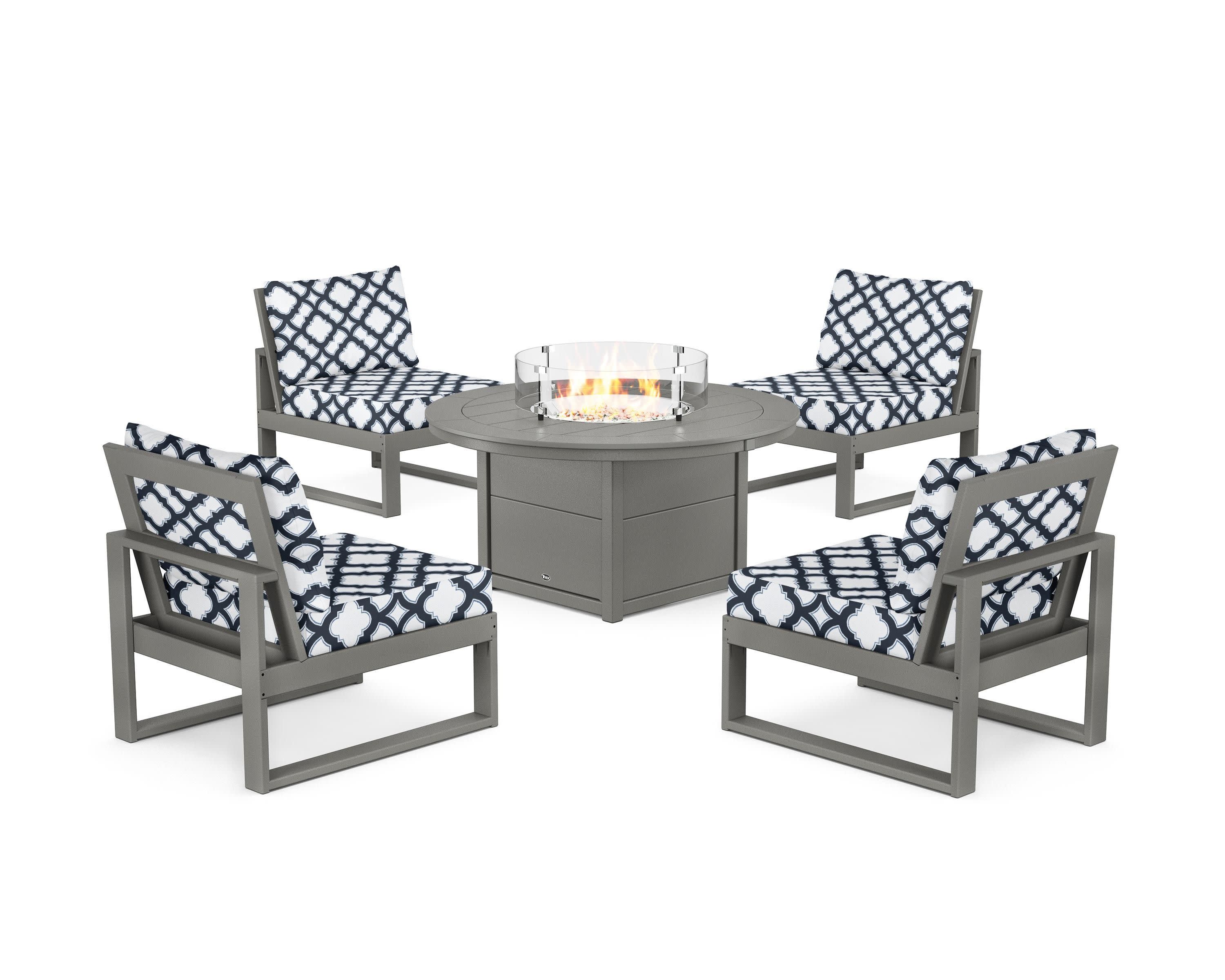 Eastport Modular 5-Piece Deep Seating Set with Round Fire Pit Table in Stepping Stone / Trellis Marine Indigo
