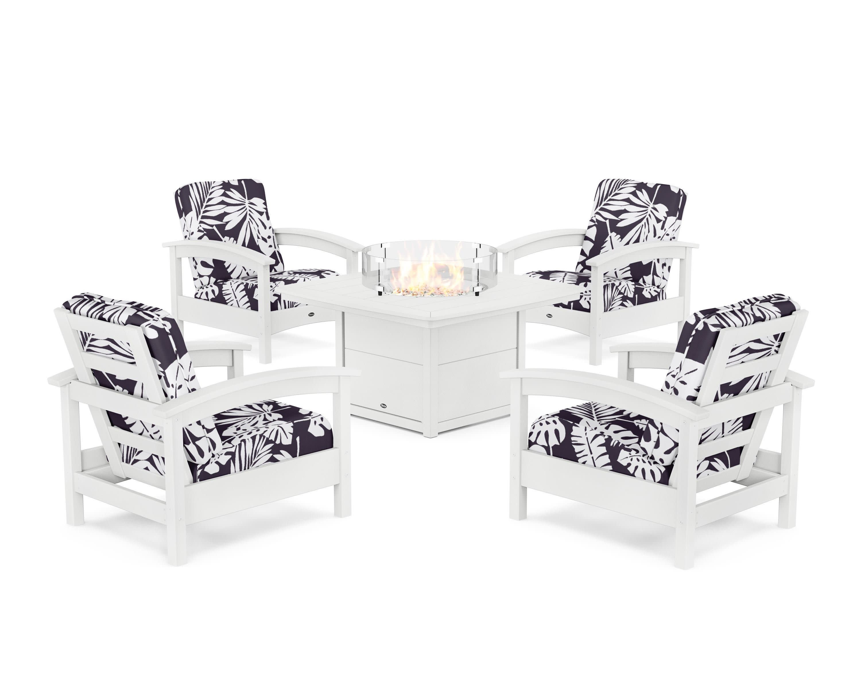 Rockport 5-Piece Deep Seating Set with Yacht Club Fire Pit Table in Classic White / Leaf Navy