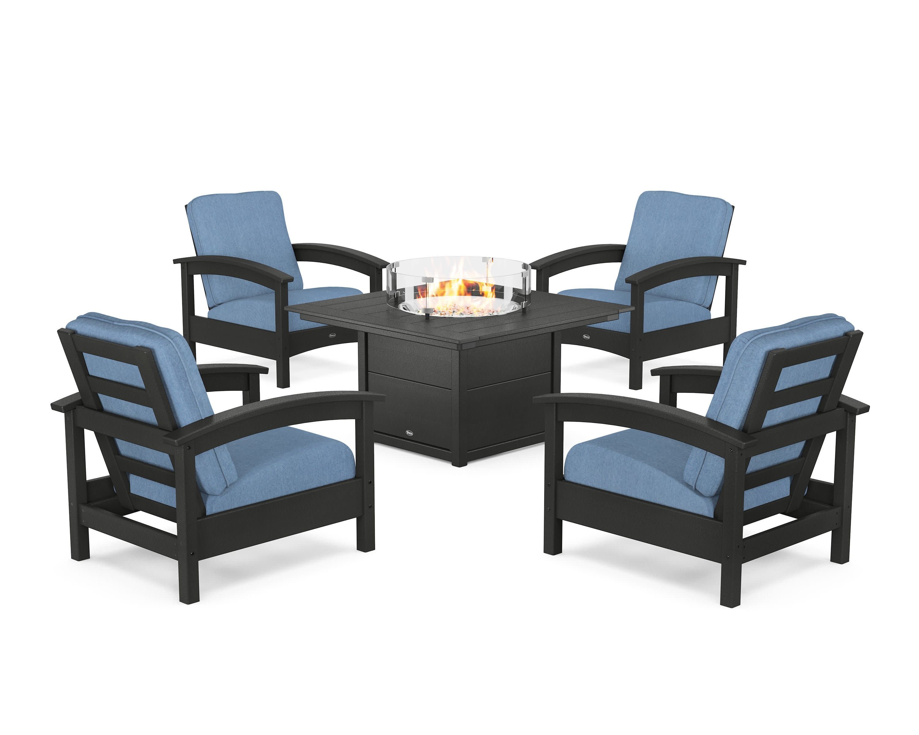 Rockport 5-Piece Deep Seating Set with Square Fire Pit Table in Charcoal Black / Sky Blue