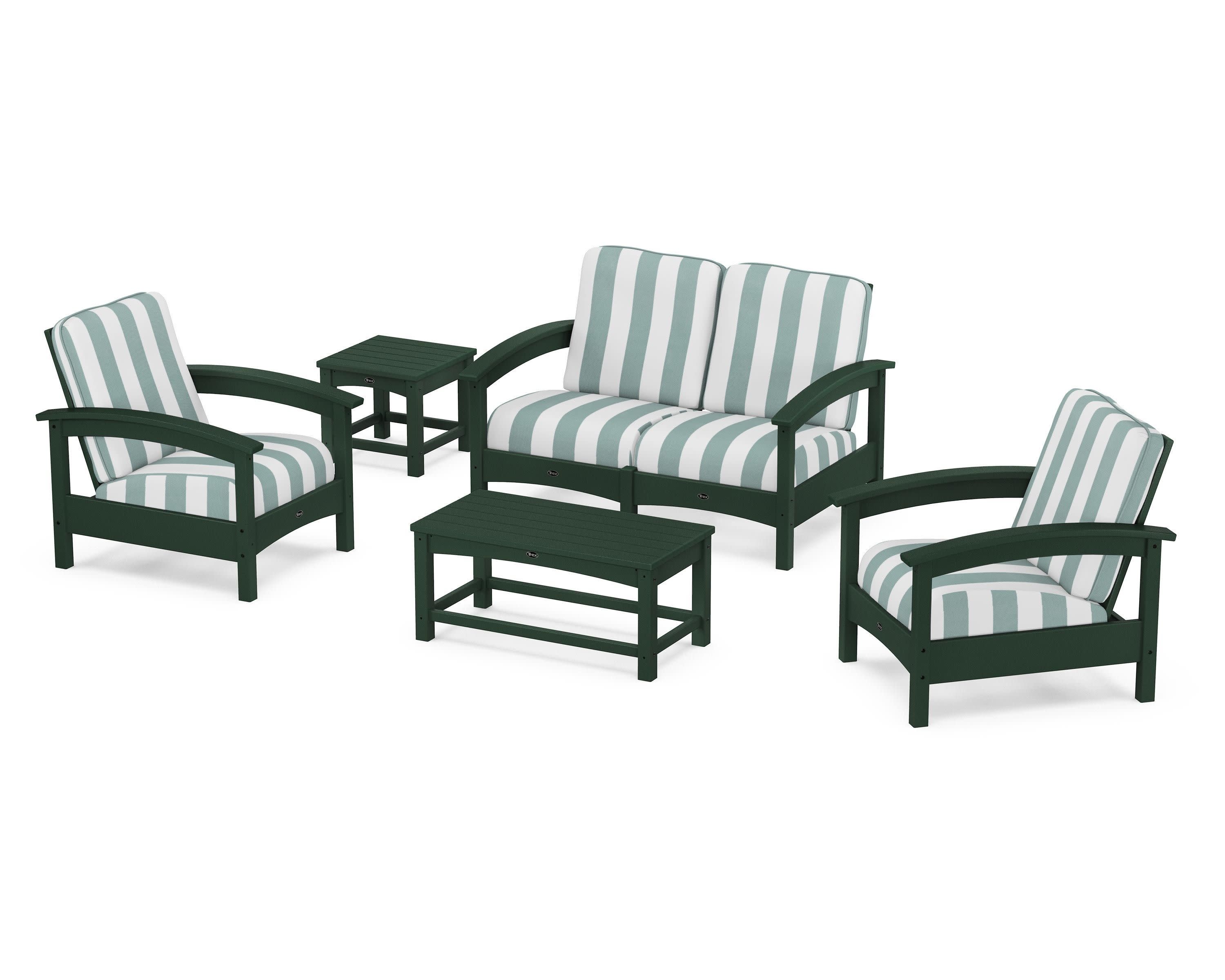 Rockport Club 6-Piece Deep Seating Conversation Set in Rainforest Canopy / Cabana Stripe Glacier Spa