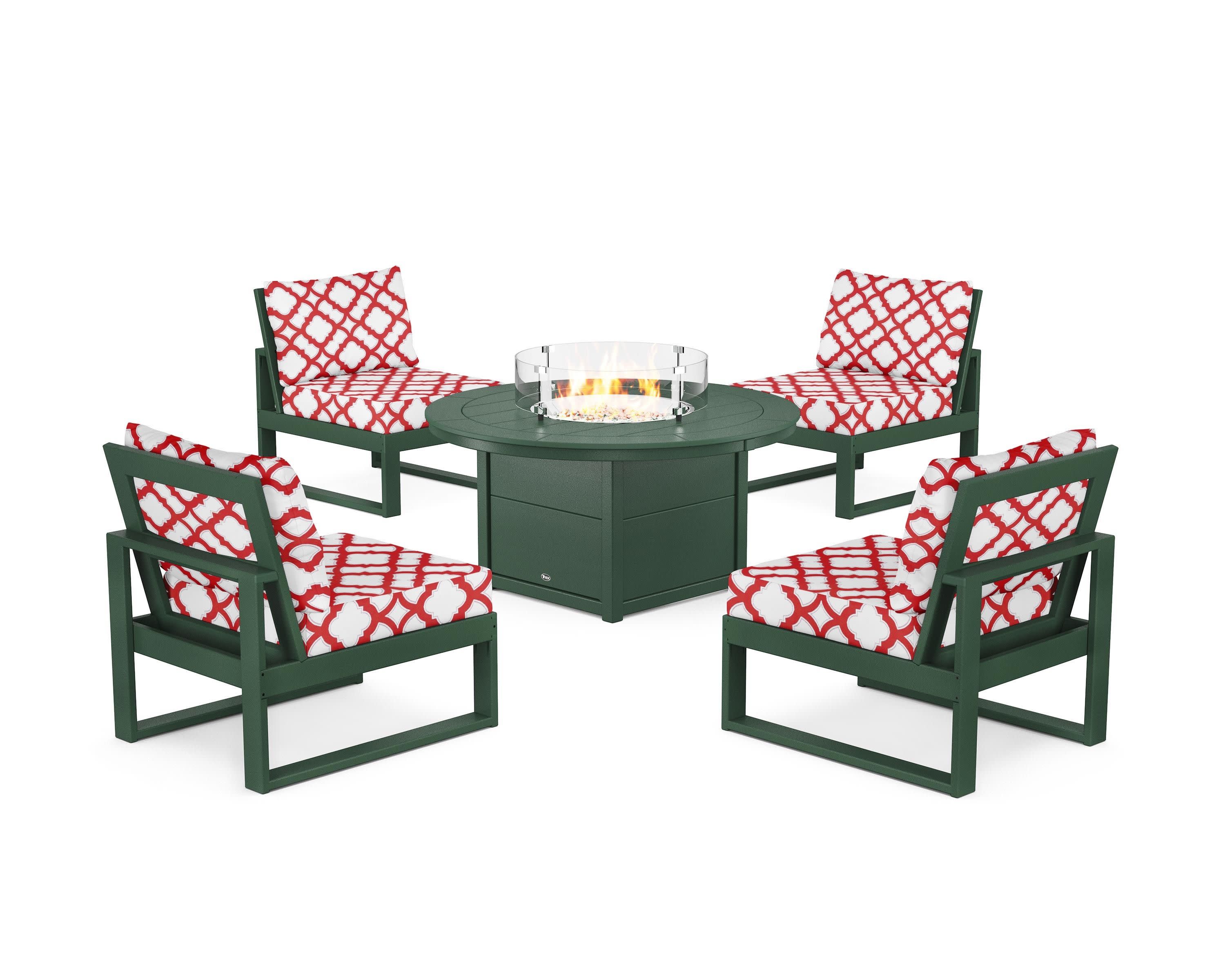 Eastport Modular 5-Piece Deep Seating Set with Round Fire Pit Table in Rainforest Canopy / Trellis Crimson