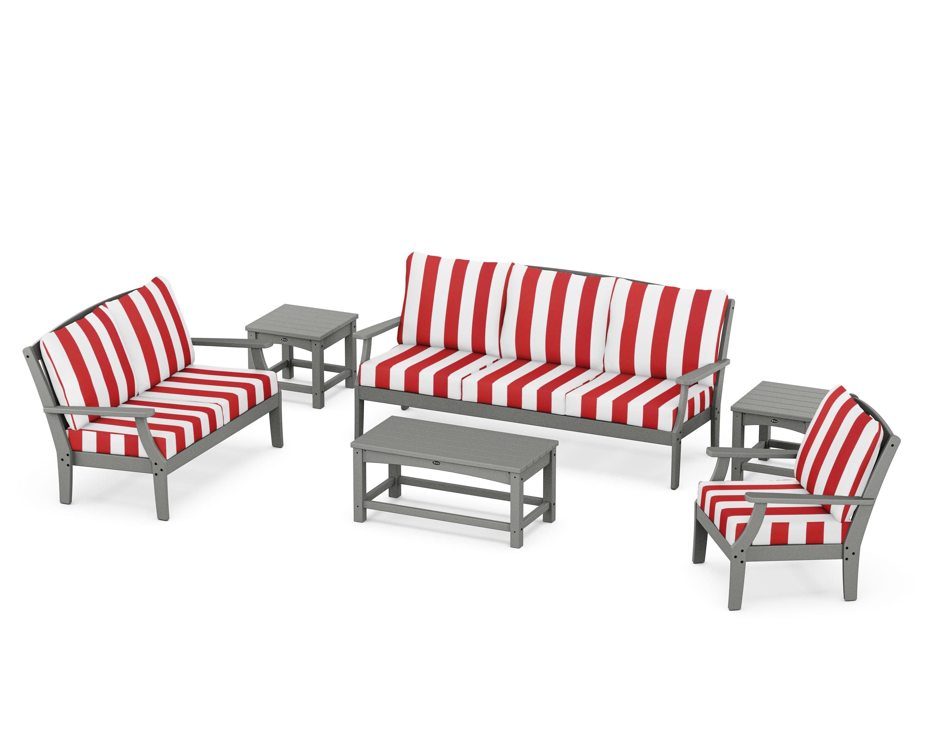 Yacht Club 6-Piece Deep Seating Set in Stepping Stone / Cabana Stripe Crimson