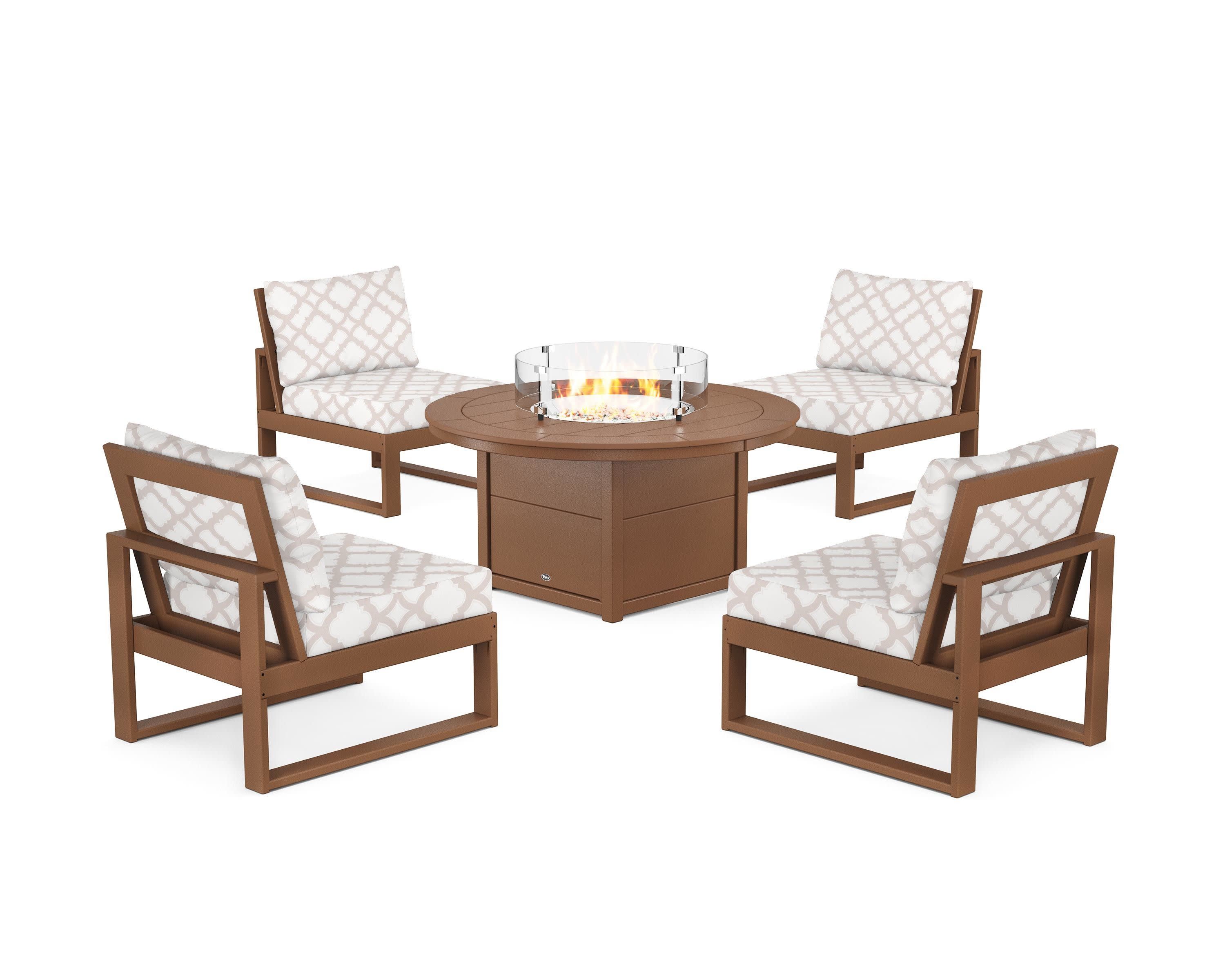 Eastport Modular 5-Piece Deep Seating Set with Round Fire Pit Table in Tree House / Trellis Dune Burlap