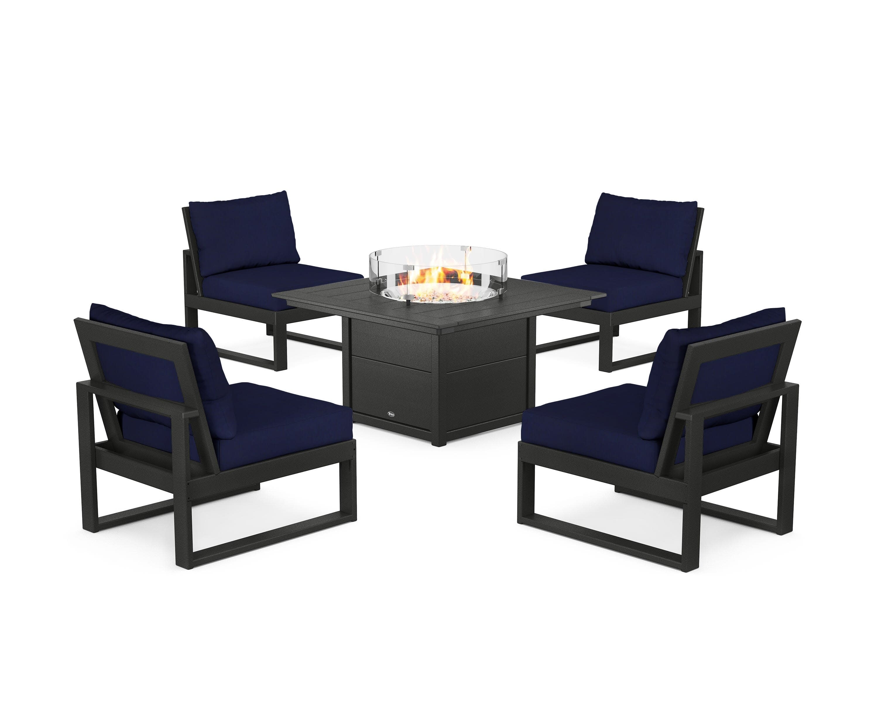 Eastport Modular 5-Piece Deep Seating Set with Square Fire Pit Table in Charcoal Black / Navy