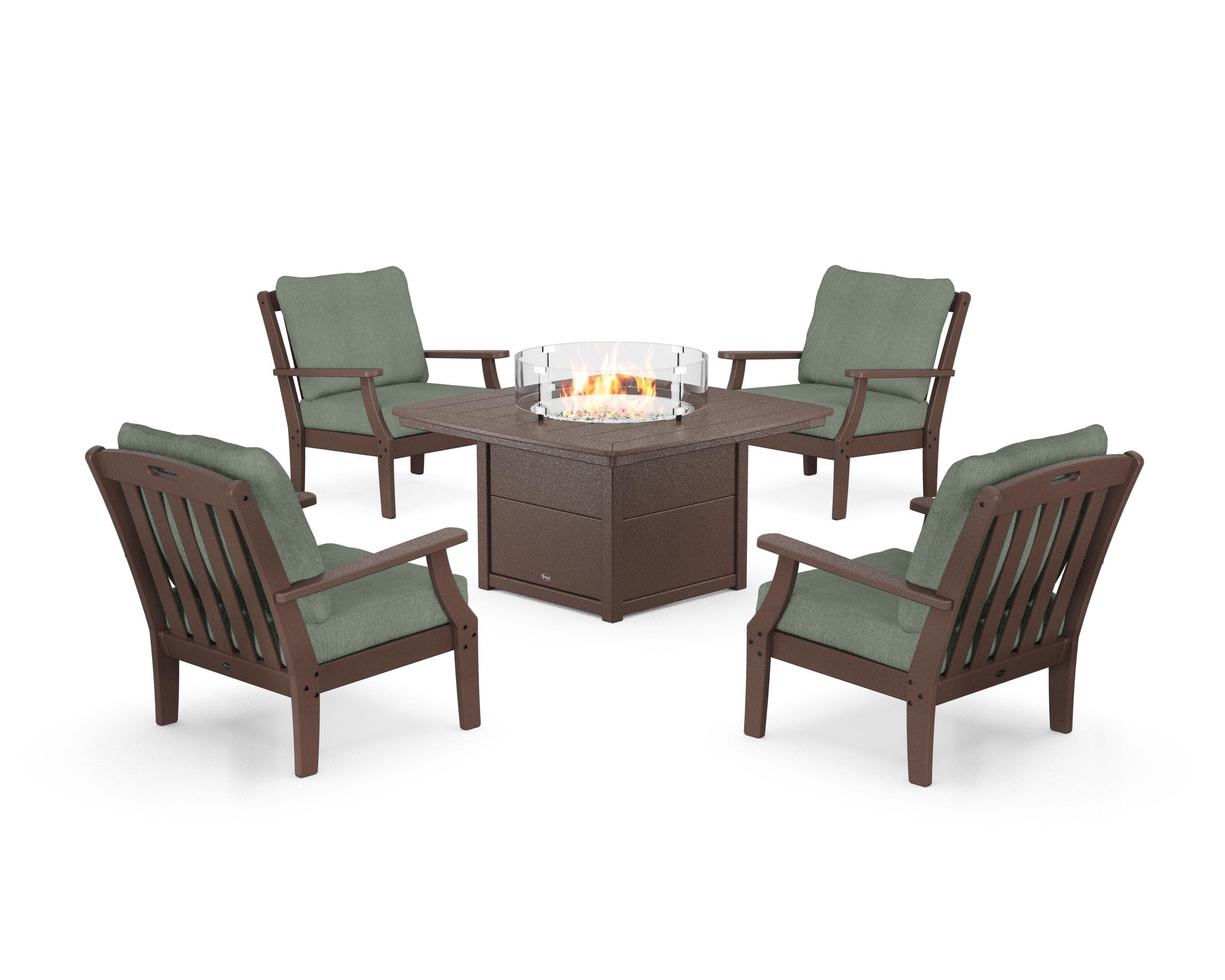 Yacht Club 5-Piece Deep Seating Set with Fire Pit Table in Vintage Lantern / Cast Sage
