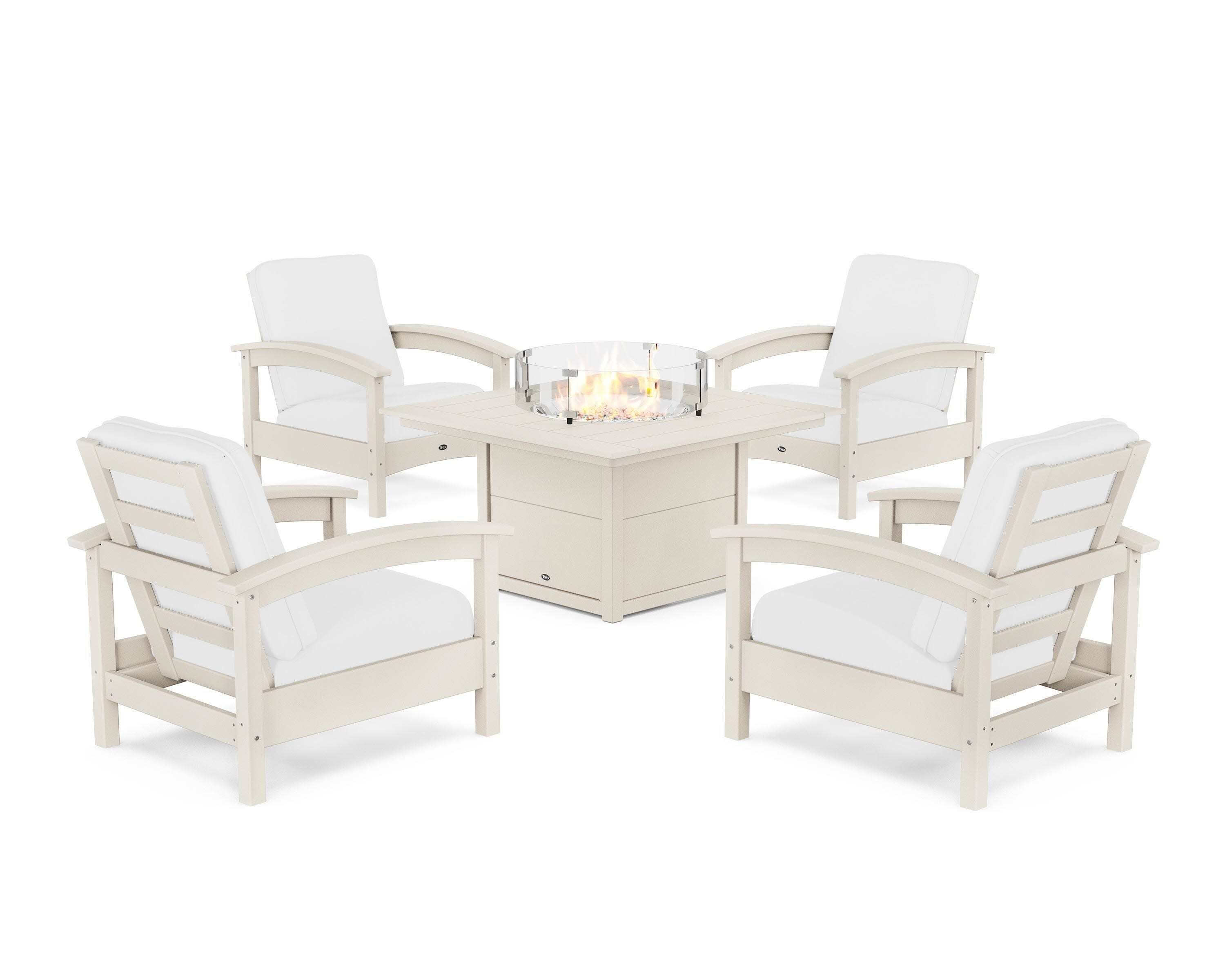 Rockport 5-Piece Deep Seating Set with Square Fire Pit Table in Sand Castle / Natural