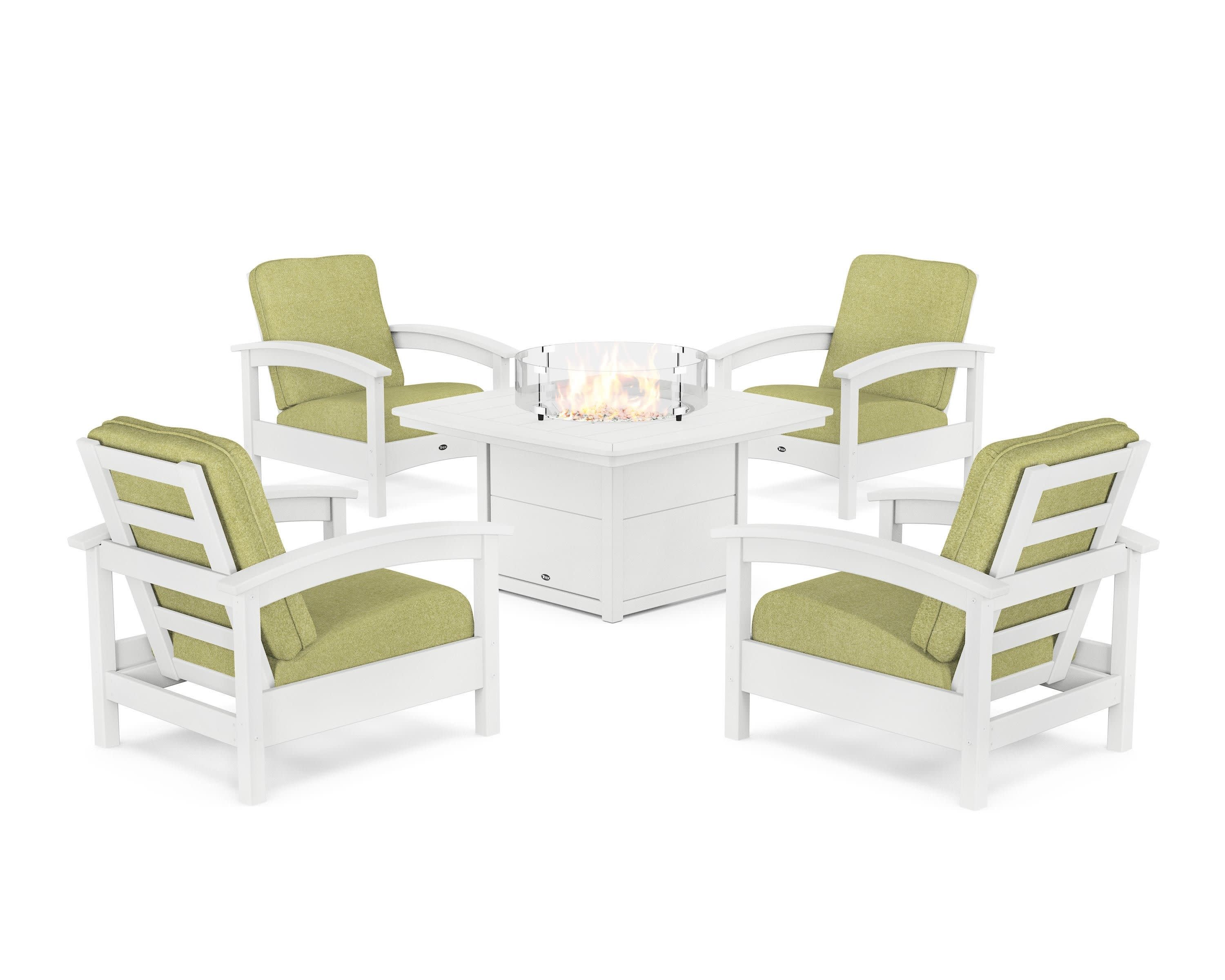 Rockport 5-Piece Deep Seating Set with Yacht Club Fire Pit Table in Classic White / Chartreuse Boucle