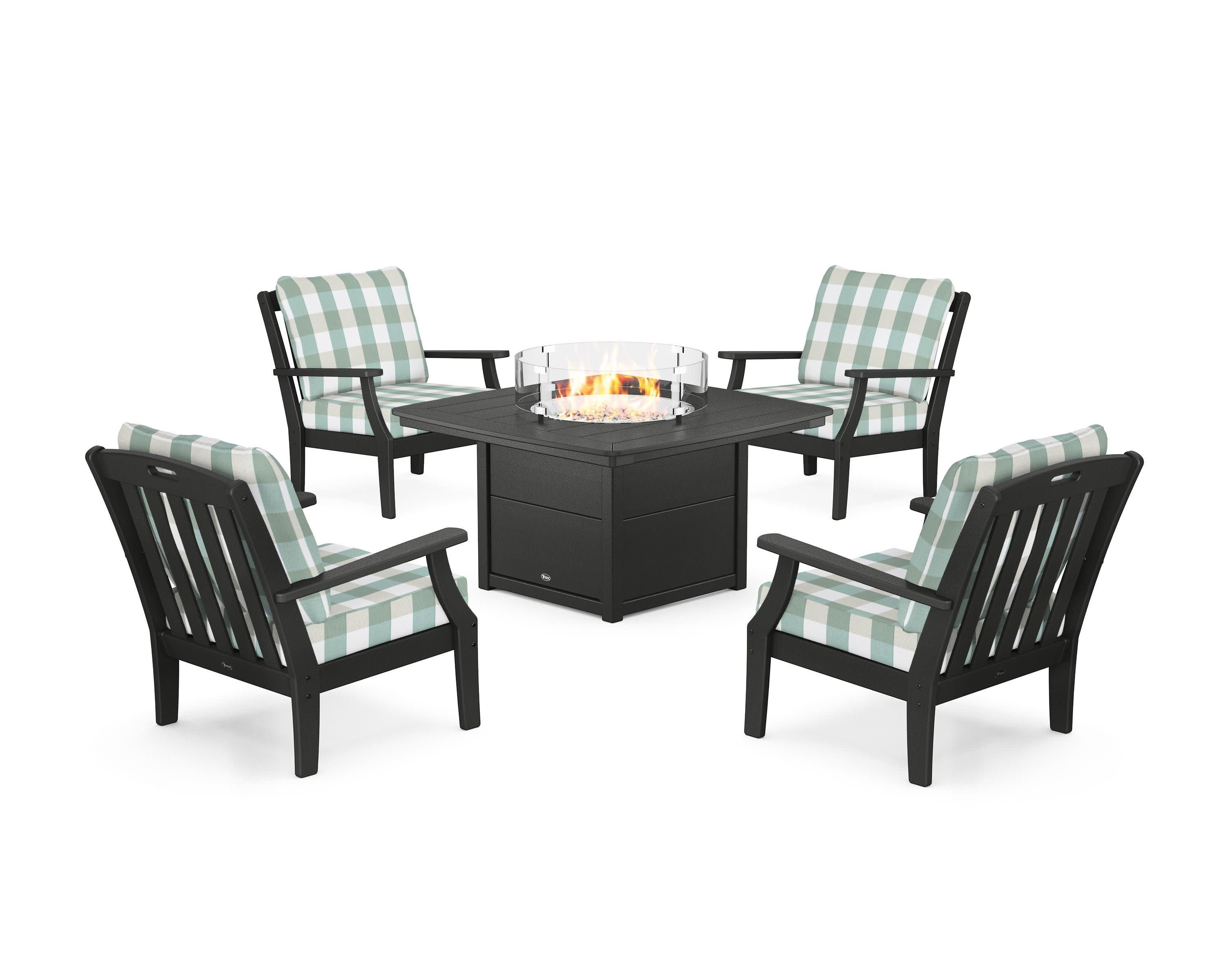 Yacht Club 5-Piece Deep Seating Set with Fire Pit Table in Charcoal Black / Buffalo Plaid Glacier Spa