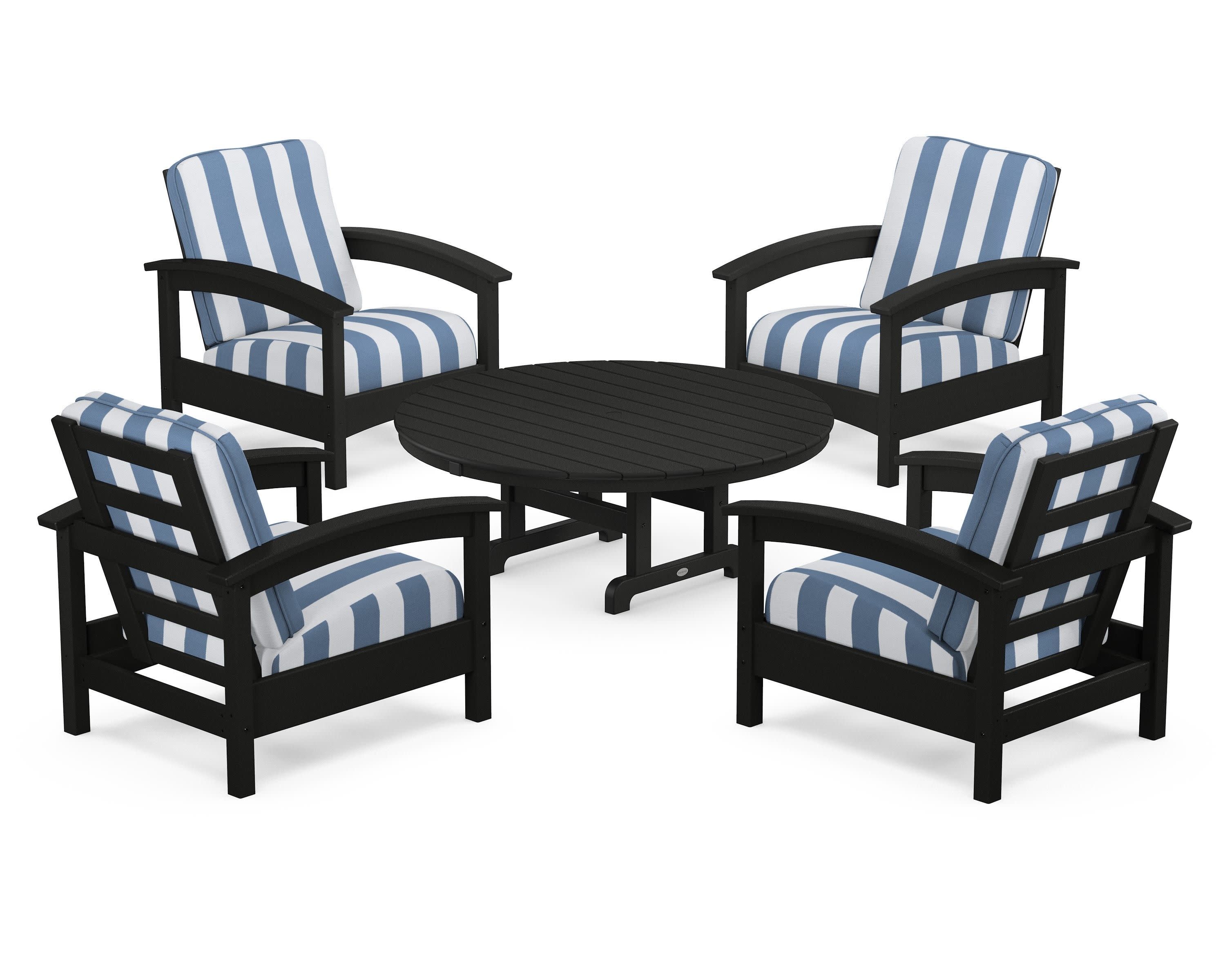 Rockport 5-Piece Deep Seating Set in Charcoal Black / Cabana Stripe Sky Blue
