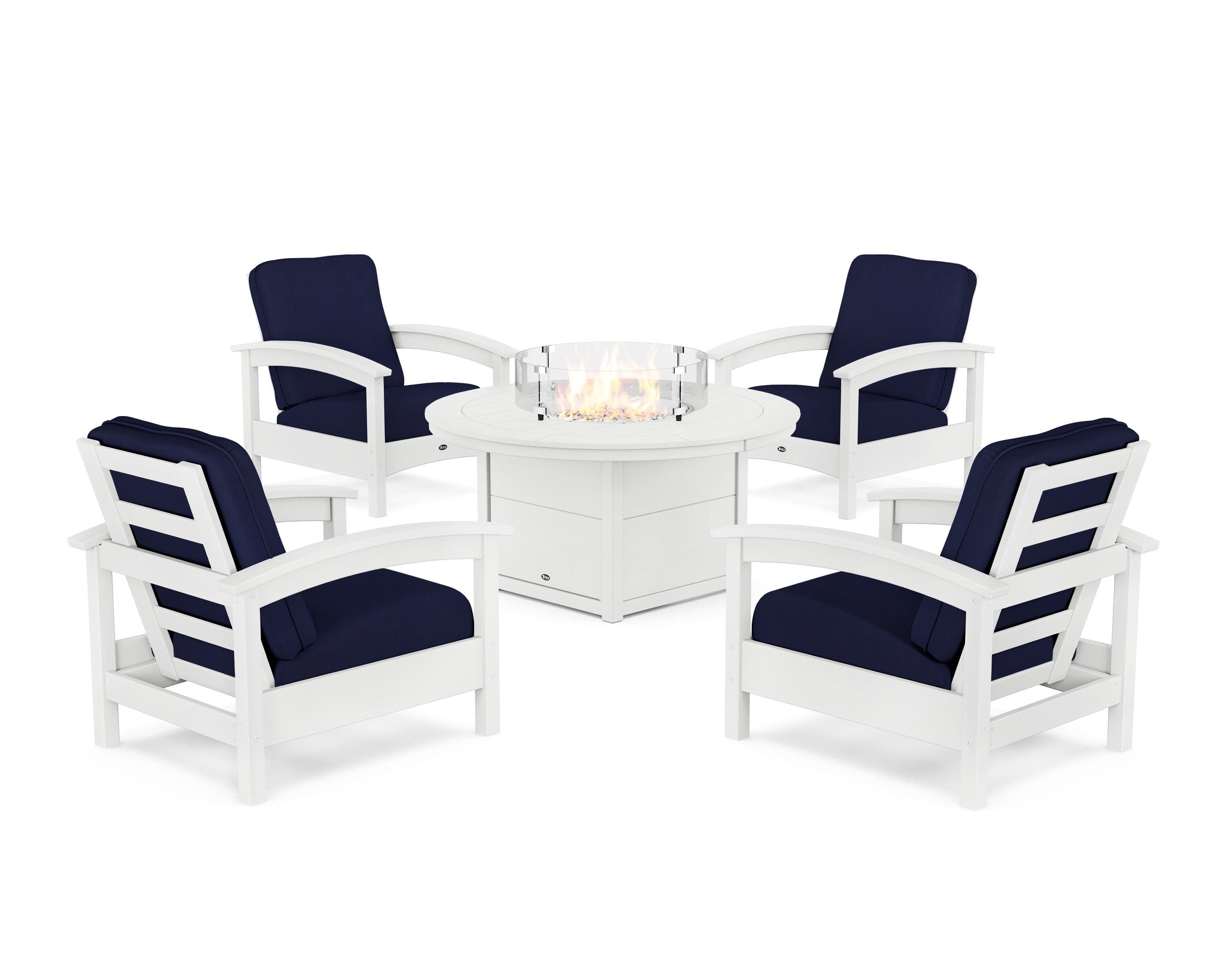 Rockport 5-Piece Deep Seating Set with Round Fire Pit Table in Classic White / Navy