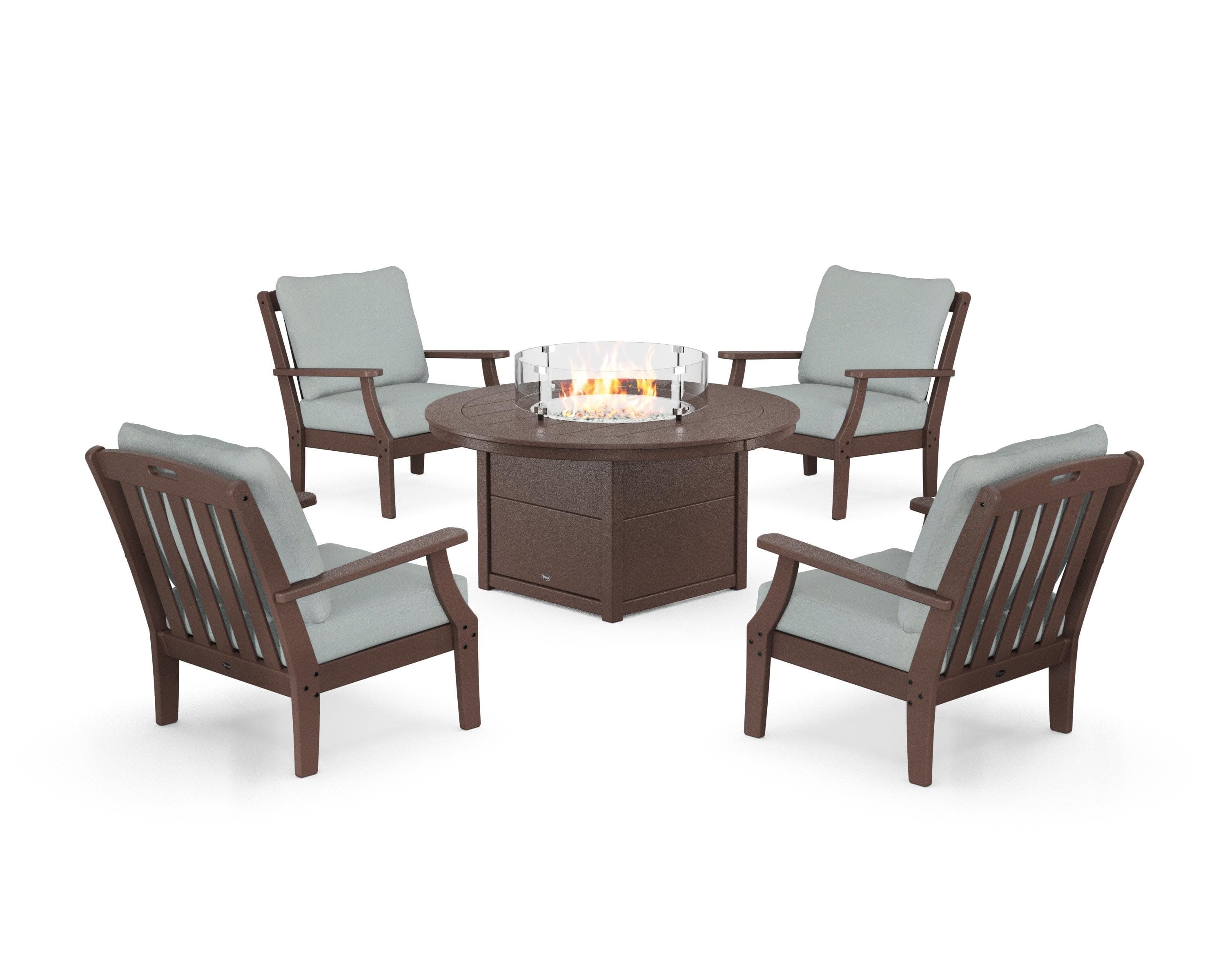 Yacht Club 5-Piece Deep Seating Set with Round Fire Pit Table in Vintage Lantern / Spa