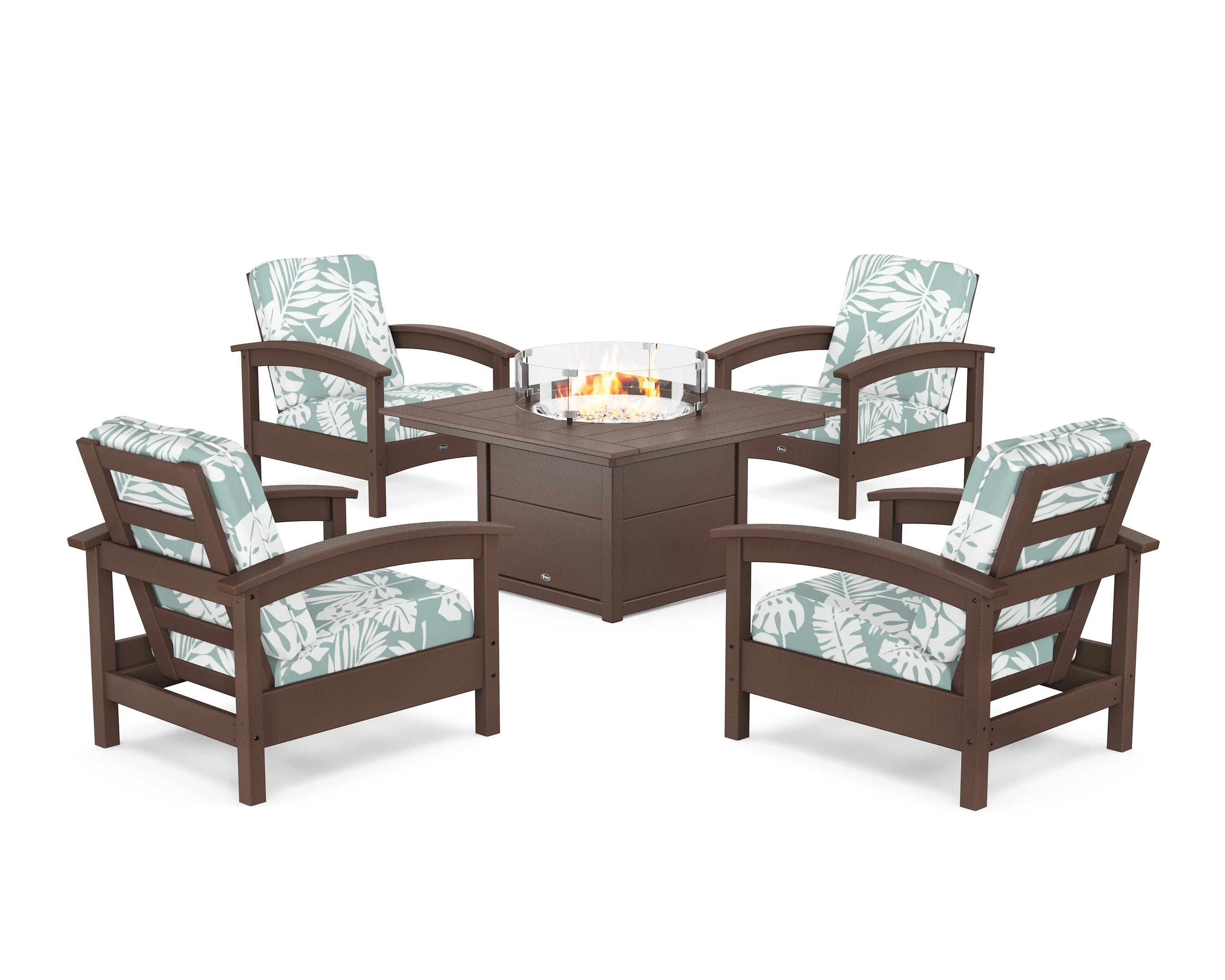 Rockport 5-Piece Deep Seating Set with Square Fire Pit Table in Vintage Lantern / Leaf Glacier Spa