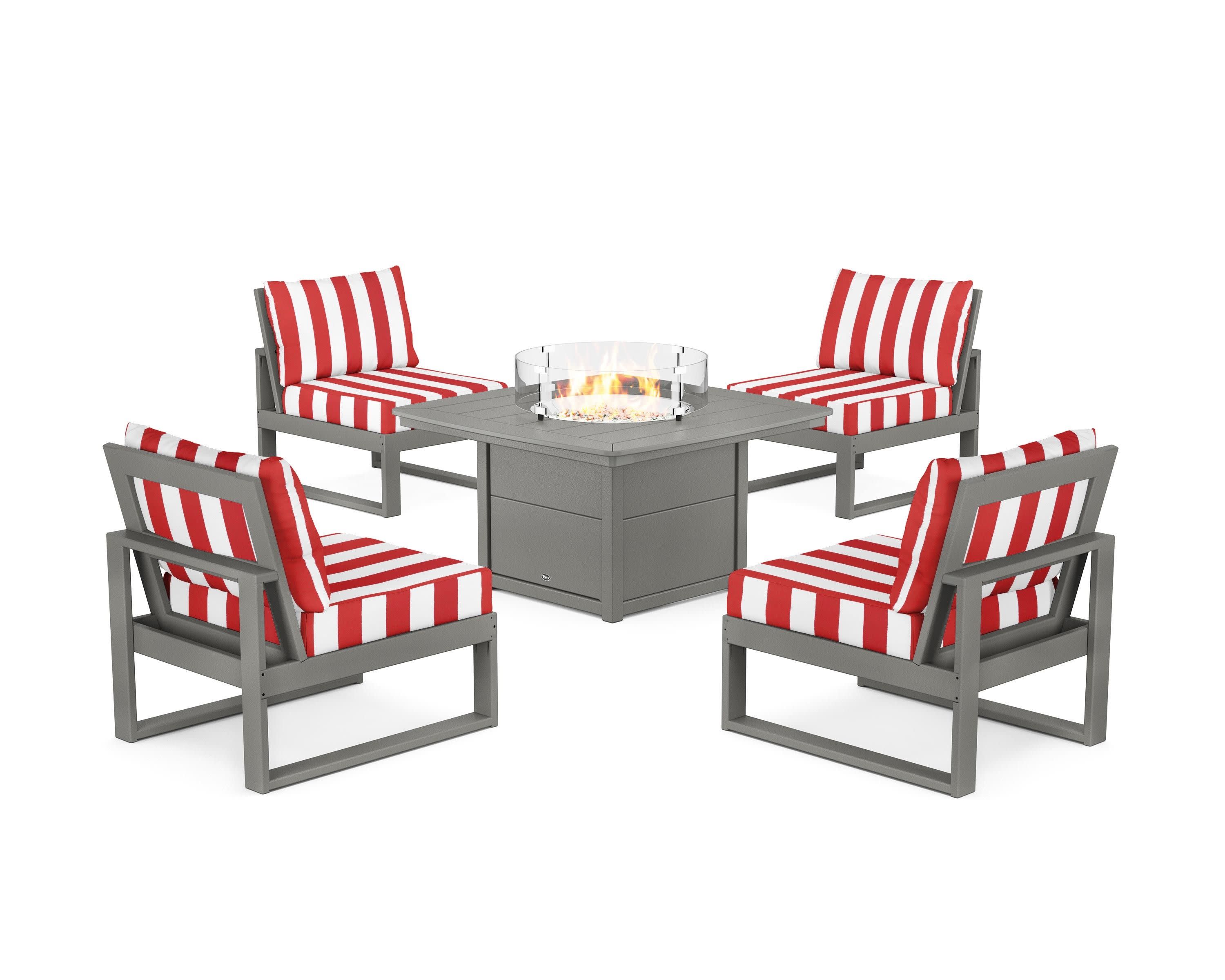 Eastport Modular 5-Piece Deep Seating Set with Yacht Club Fire Pit Table in Stepping Stone / Cabana Stripe Crimson