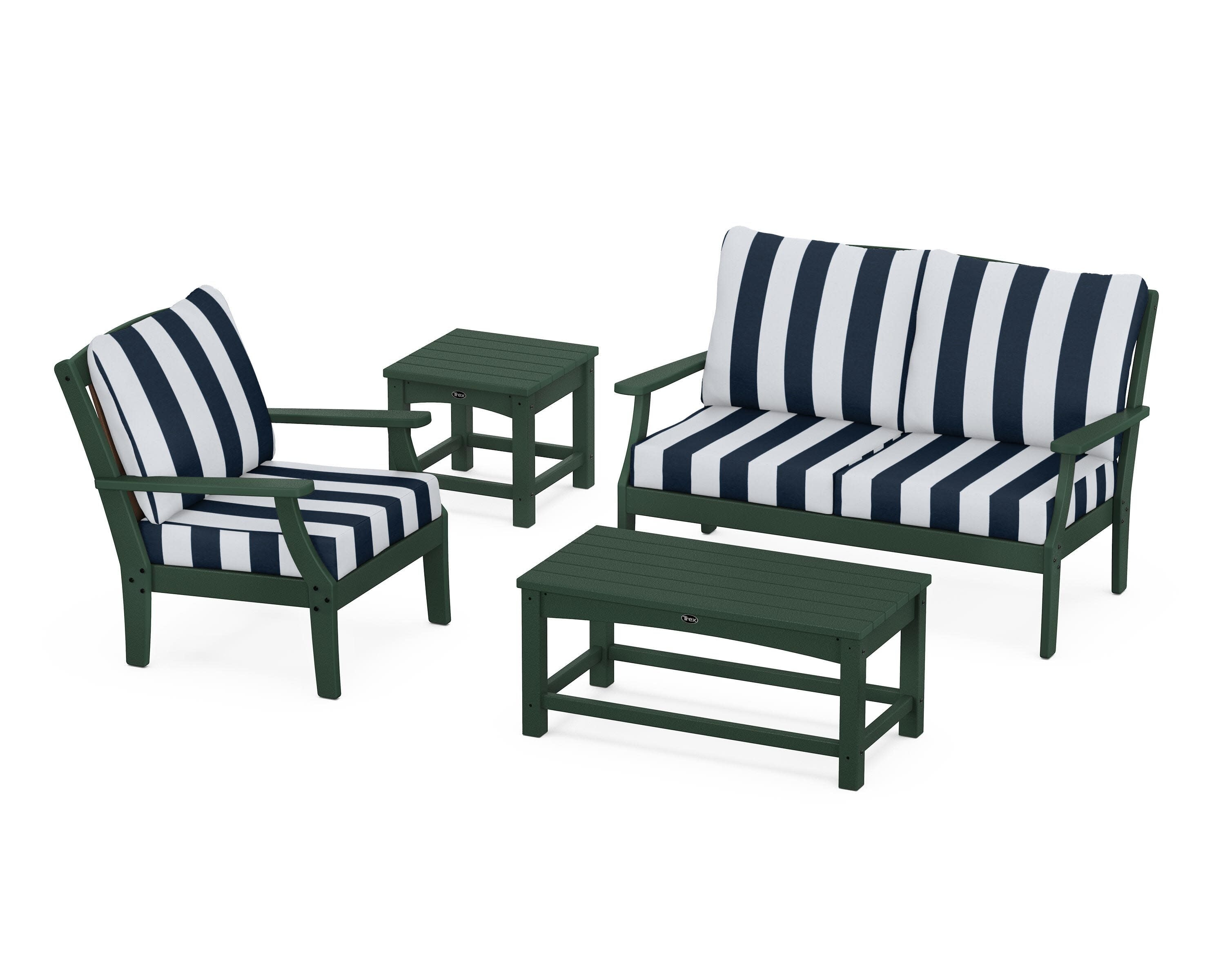 Yacht Club 4-Piece Deep Seating Set in Rainforest Canopy / Cabana Stripe Marine Indigo