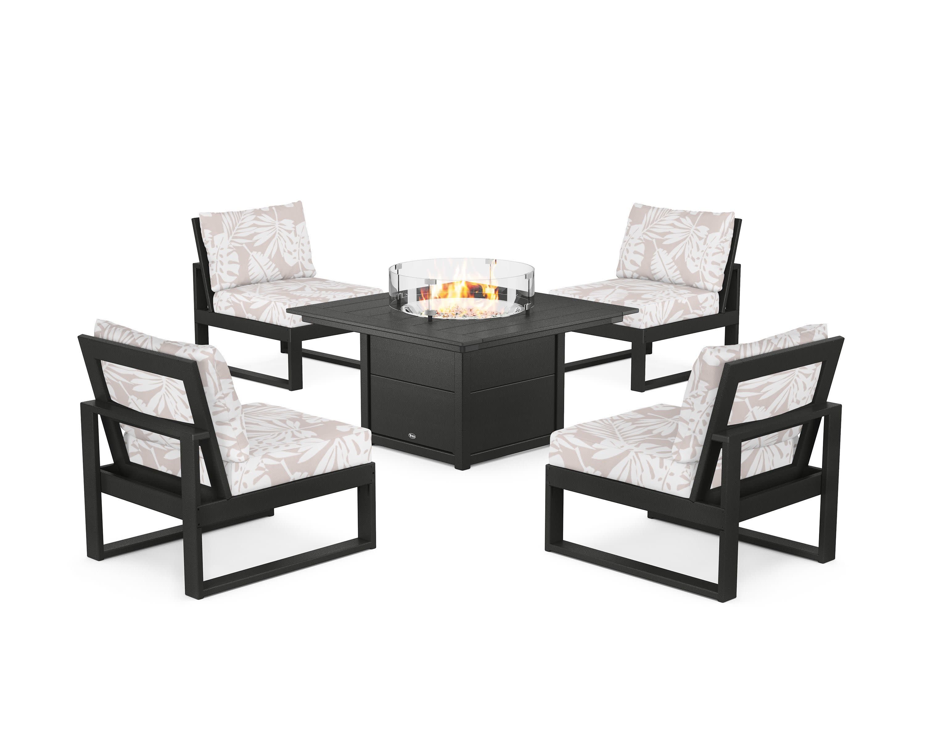 Eastport Modular 5-Piece Deep Seating Set with Square Fire Pit Table in Charcoal Black / Leaf Dune Burlap