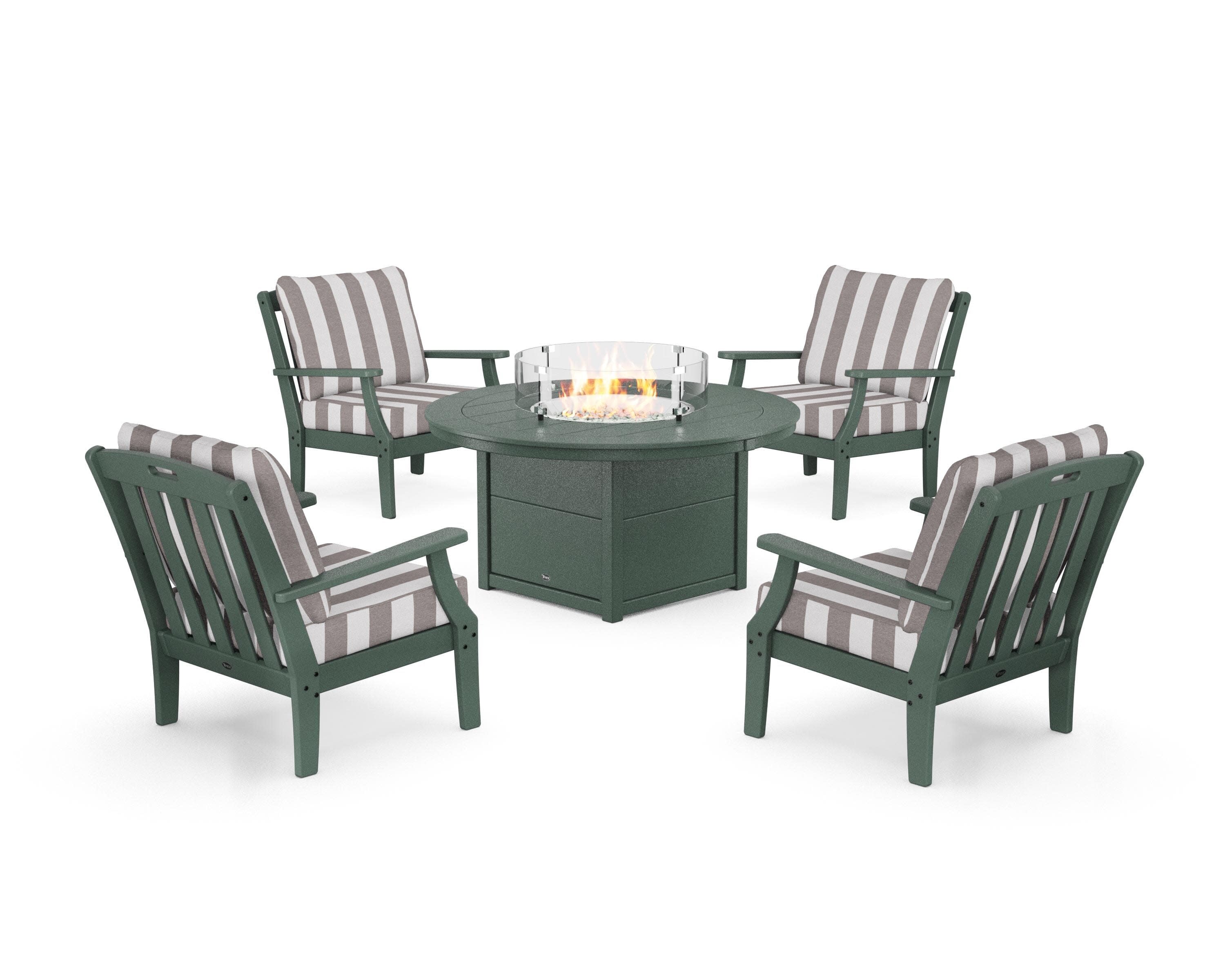 Yacht Club 5-Piece Deep Seating Set with Round Fire Pit Table in Rainforest Canopy / Cabana Stripe Grey Mist