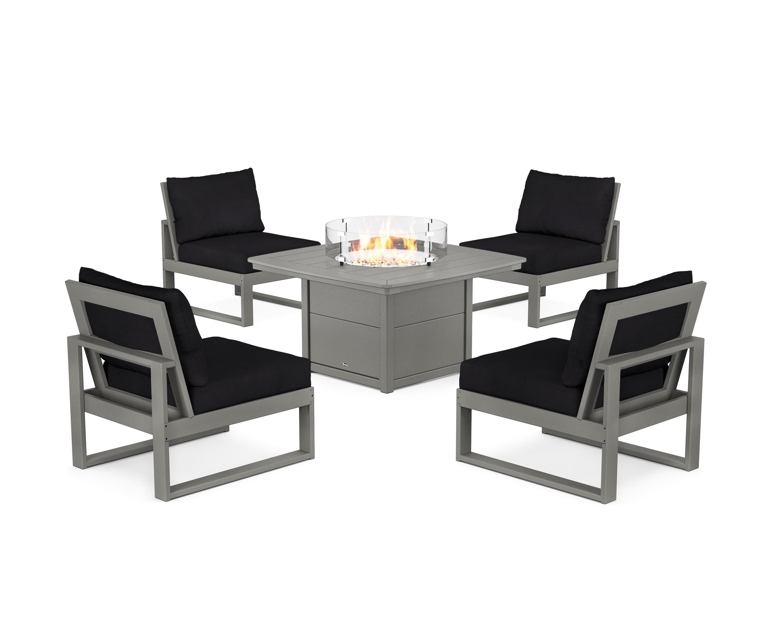 Eastport Modular 5-Piece Deep Seating Set with Yacht Club Fire Pit Table in Stepping Stone / Midnight Linen
