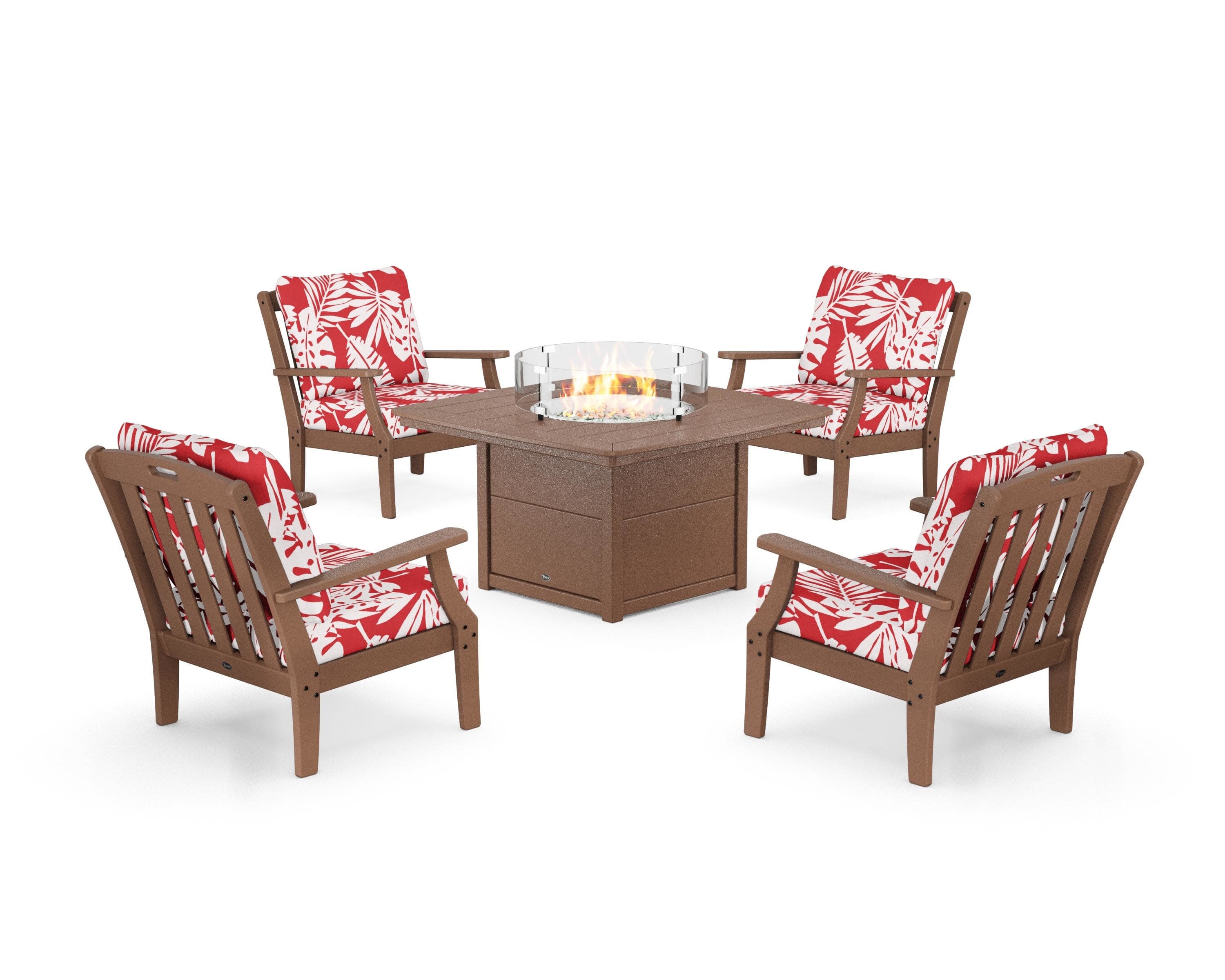 Yacht Club 5-Piece Deep Seating Set with Fire Pit Table in Tree House / Leaf Crimson