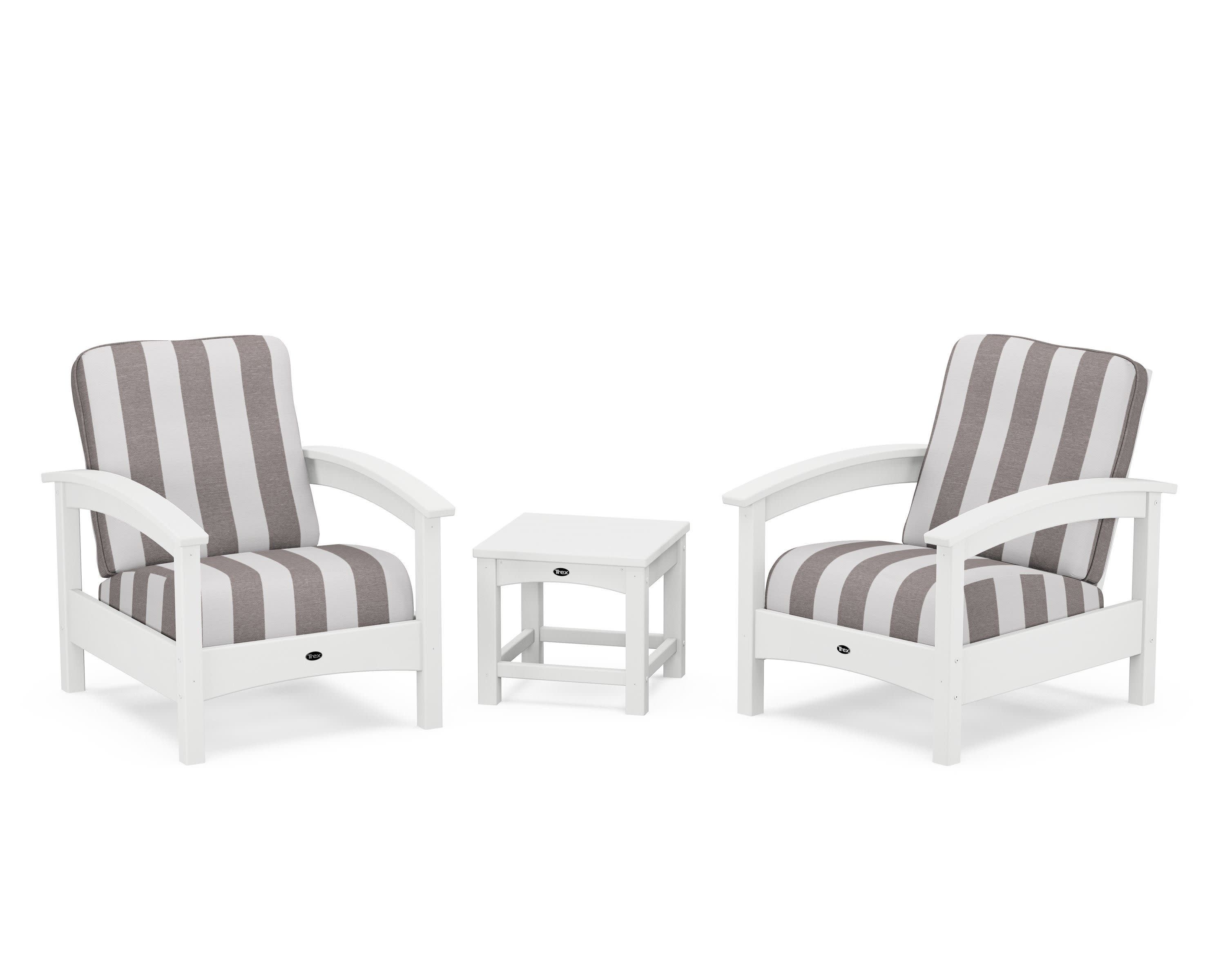 Rockport Club 3-Piece Deep Seating Conversation Set in Classic White / Cabana Stripe Grey Mist