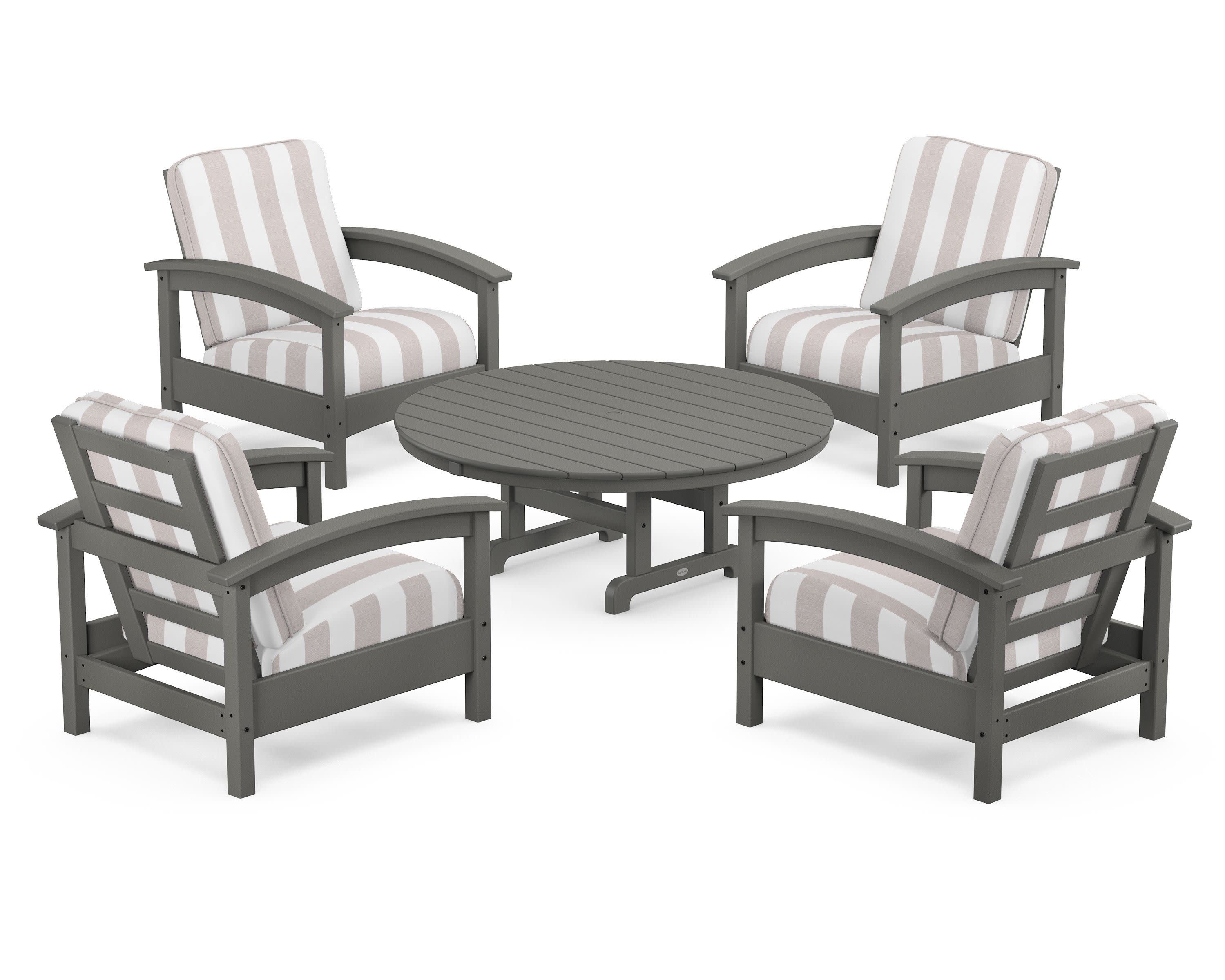 Rockport 5-Piece Deep Seating Set in Stepping Stone / Cabana Stripe Dune Burlap