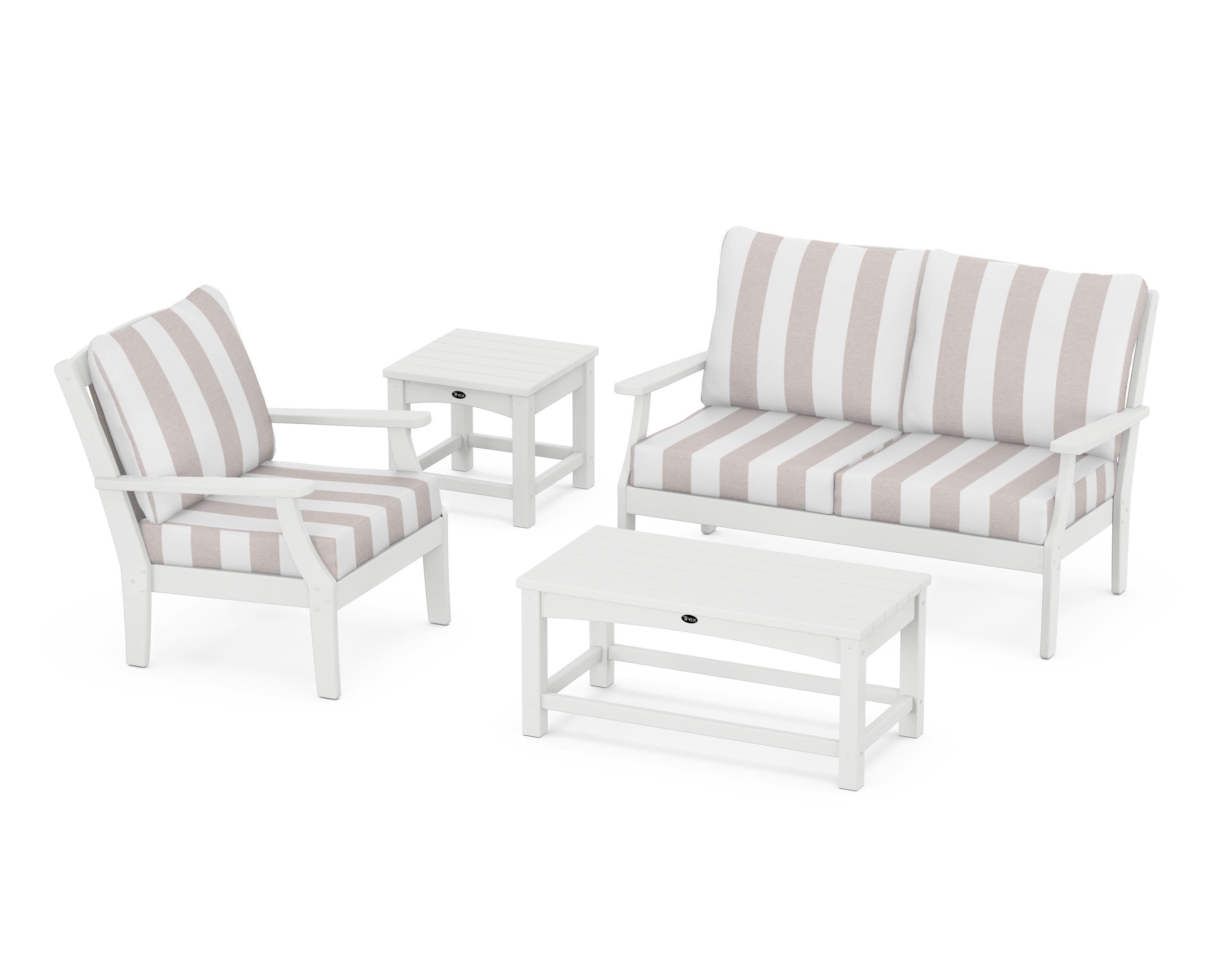 Yacht Club 4-Piece Deep Seating Set in Classic White / Cabana Stripe Dune Burlap