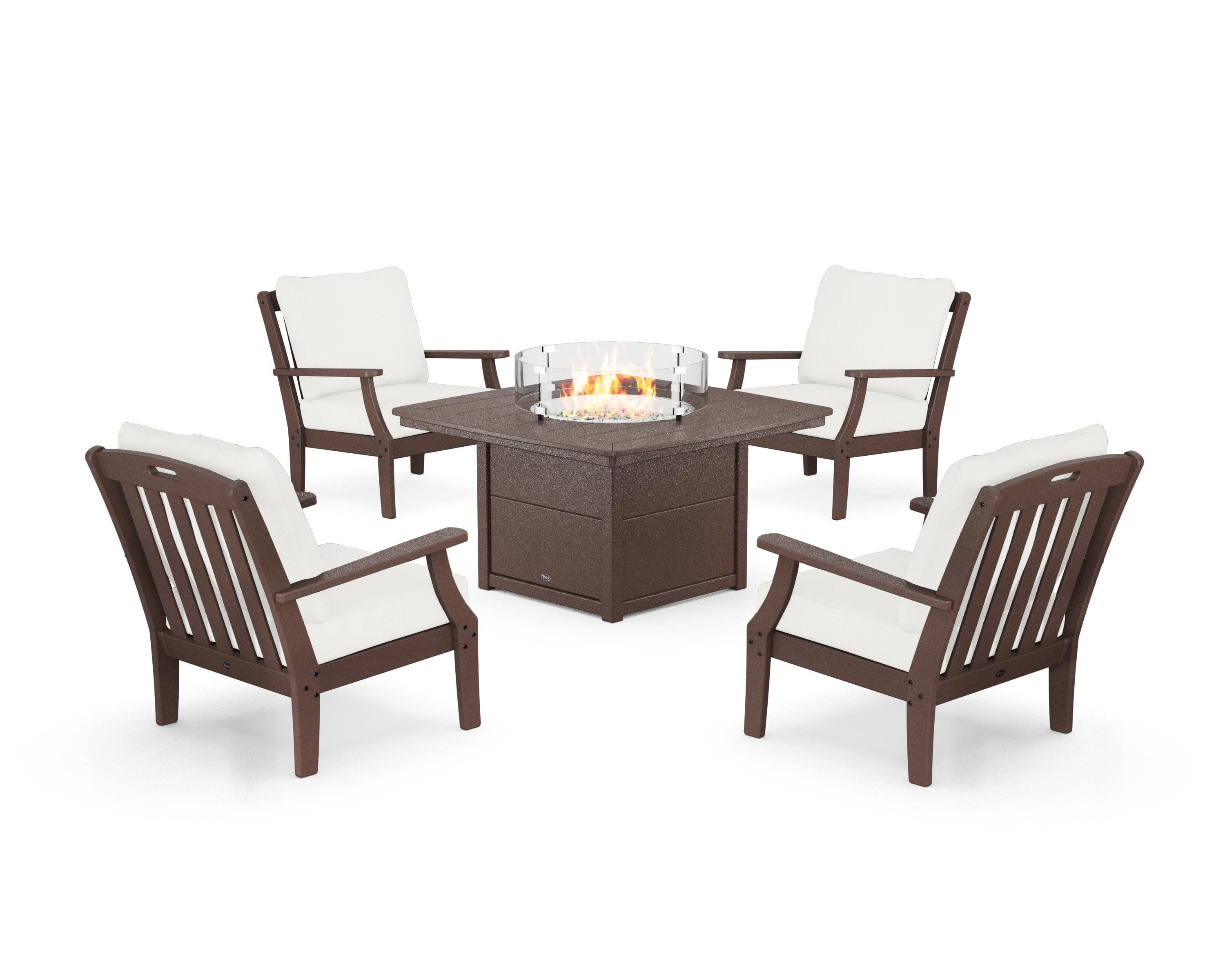 Yacht Club 5-Piece Deep Seating Set with Fire Pit Table in Vintage Lantern / Natural Linen