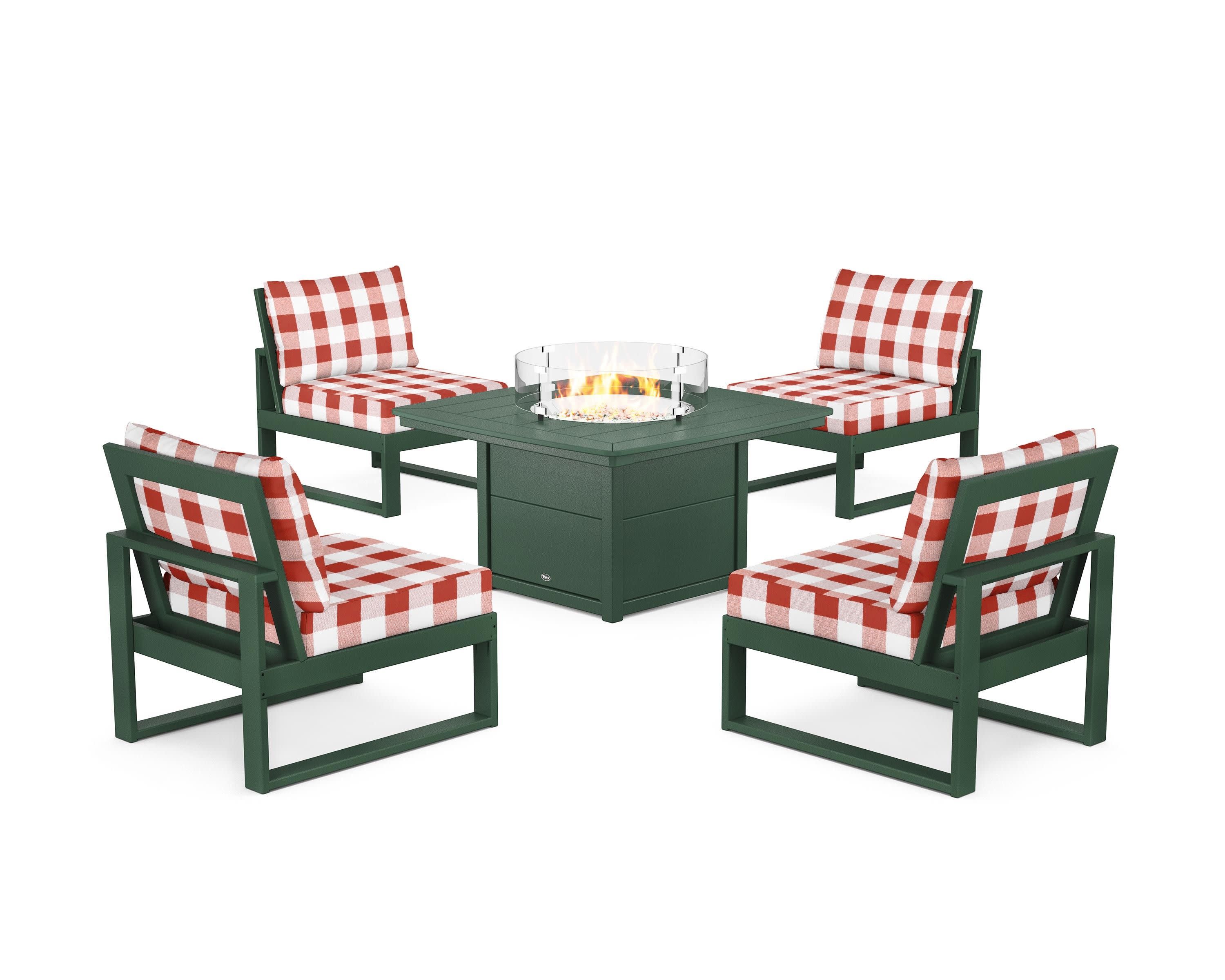 Eastport Modular 5-Piece Deep Seating Set with Yacht Club Fire Pit Table in Rainforest Canopy / Buffalo Plaid Crimson