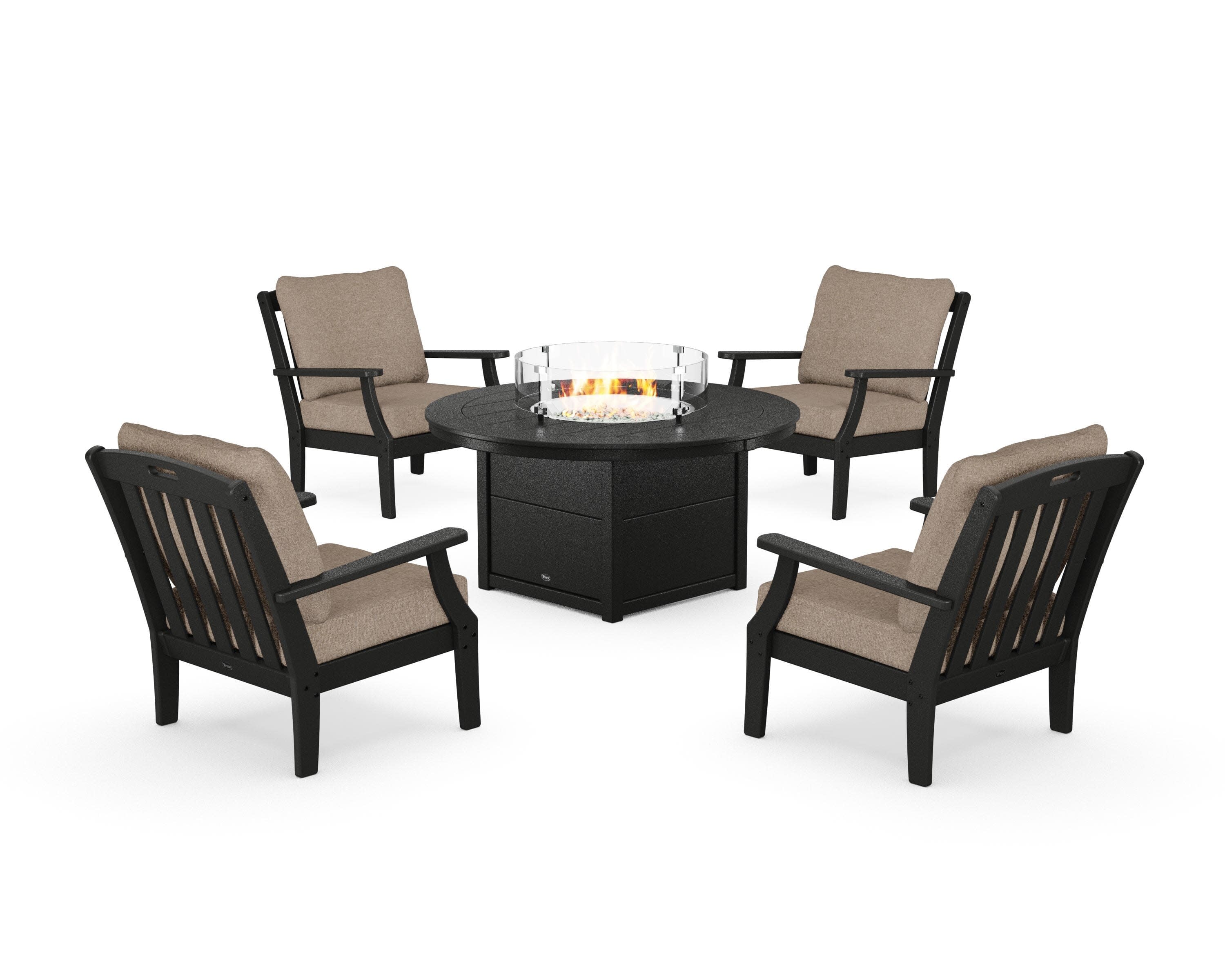 Yacht Club 5-Piece Deep Seating Set with Round Fire Pit Table in Charcoal Black / Spiced Burlap